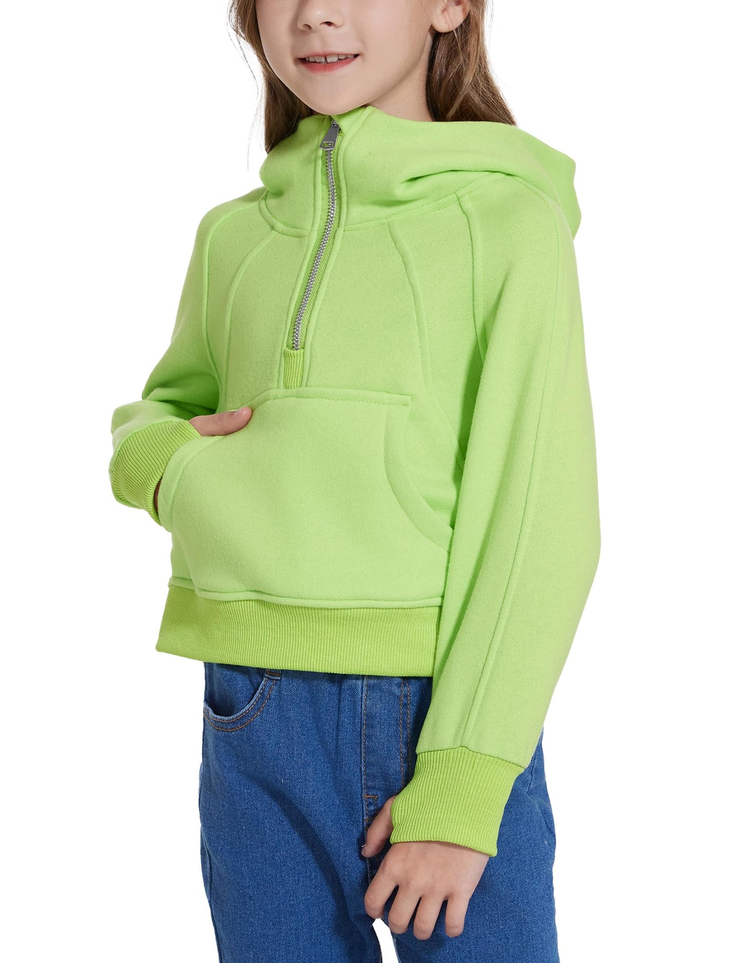 Fdqin Sweatshirt for Kid Half Zip Up Cropped Hoodies for Girls Fleece Pullover Tops Winter Clothes Neon Green 7-8Years