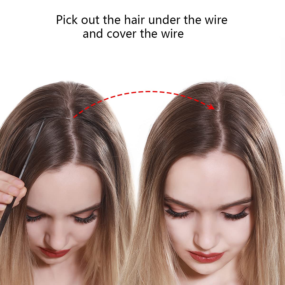 SARLA Invisible Wire Hair Extensions with 3 Clips Short Synthetic Wavy Curly Hairpiece Adjustable Transparent Headband for Women 14 Inch Beach Blonde