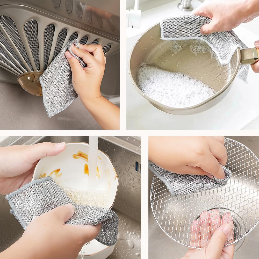 Pousbo Multipurpose Wire Dishwashing Rags for Wet and Dry, 2025 New Reusable Non Scratch Wire Dishcloth, Premium Scrubbing Wire Dishwashing Rags for Scrubs Dishes, Sinks Cleans (5)