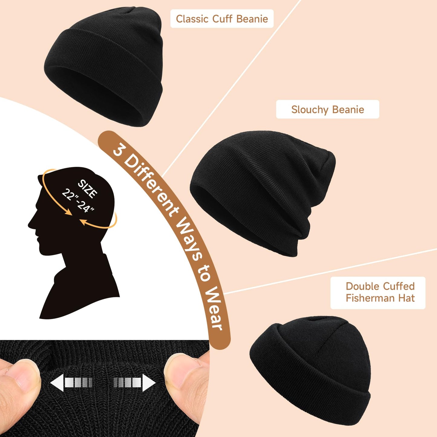Beanie Men Slouchy Knit Skull Cap Warm Stocking Hats Women Striped Winter Beanie Hat Cuffed Plain Hat Black