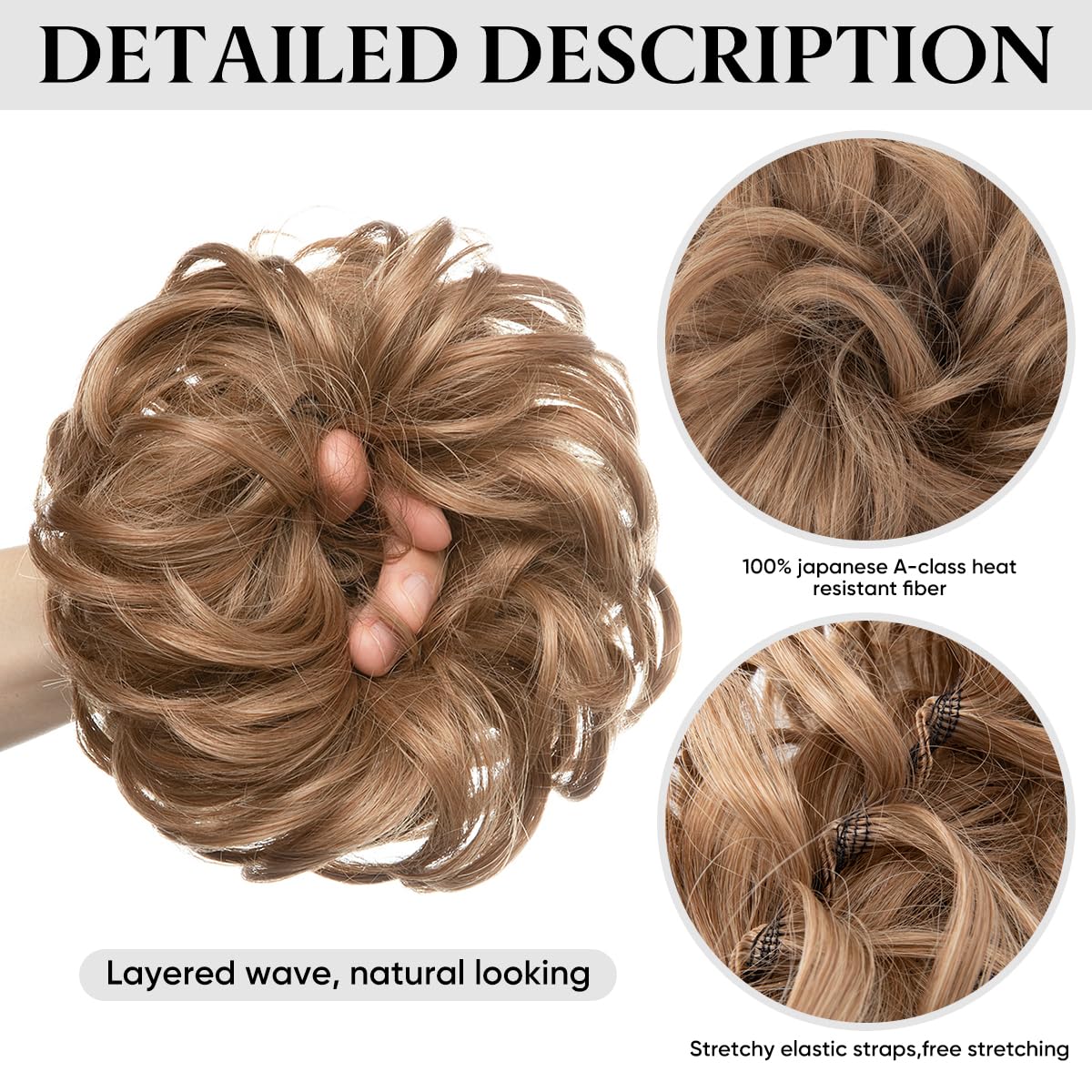 SARLA 2PCS Messy Hair Bun Hair Pieces Wavy Curly Synthetic Updo Fake Scrunchies Ponytail Extension for Women Jet Black