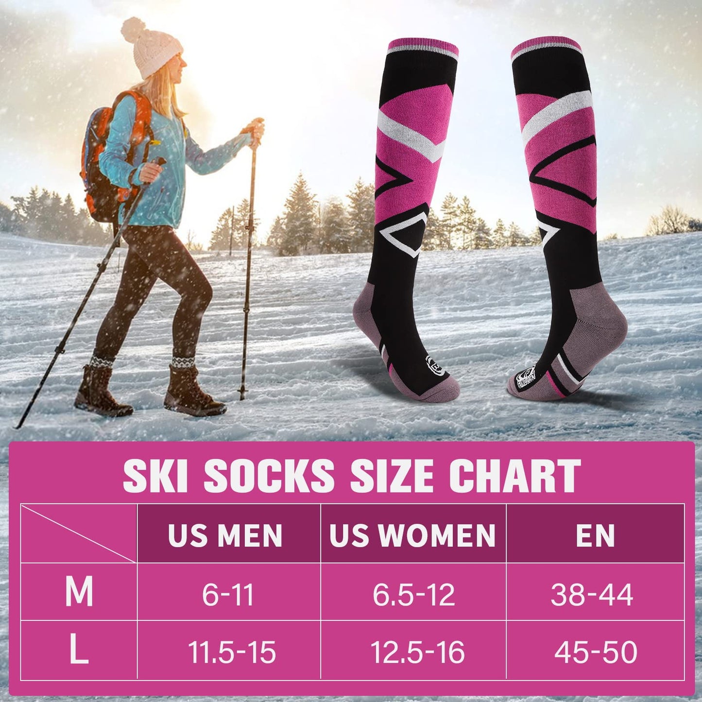 findway Ski Socks,Snowboard Socks for Womens Mens, 2 Pairs Winter Warm Knee-high Hiking Athletic Socks