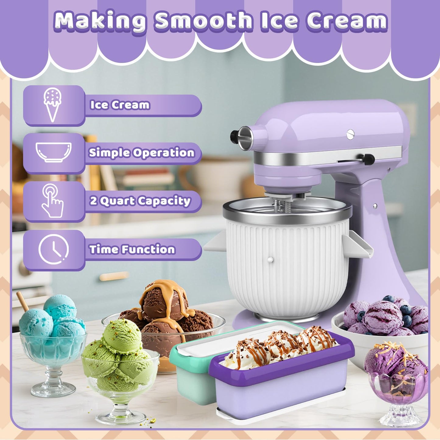 Ice Cream Maker Food Processor Accessories Compatible with Kitchenaid 4.5 and Larger Stand Mixers,2 Quart Frozen Yogurt & Sorbet Gelato Maker for Kitchenaid,Ice Cream Containers for homemade ice cream