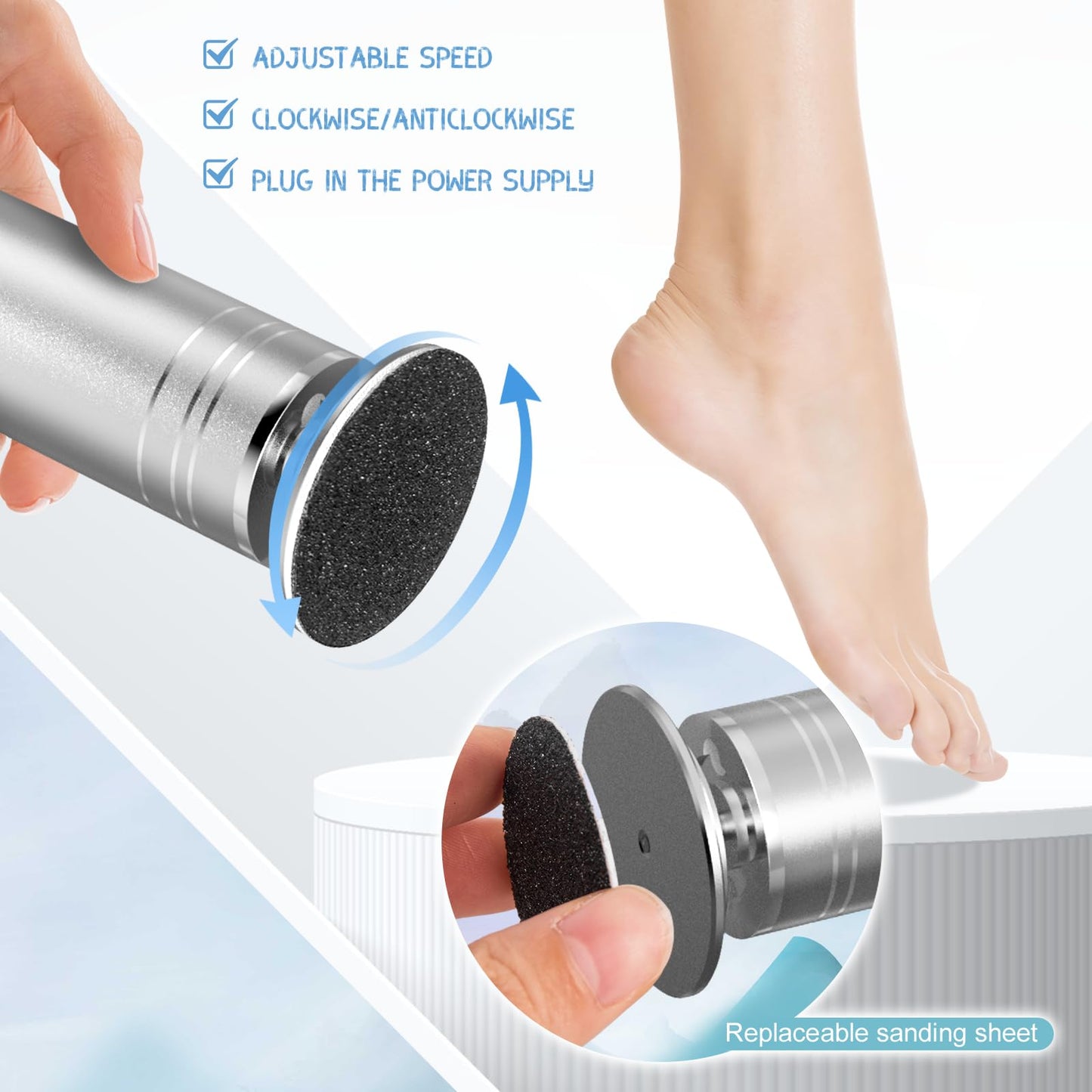 krofaue Electric Callus Remover for Feet Adjustable Speed Electric Foot Filer 60pcs Replacement Sandpaper Disk Electric Foot Grinder Professional Foot Sander for Dead Skin Calluses(Silver)