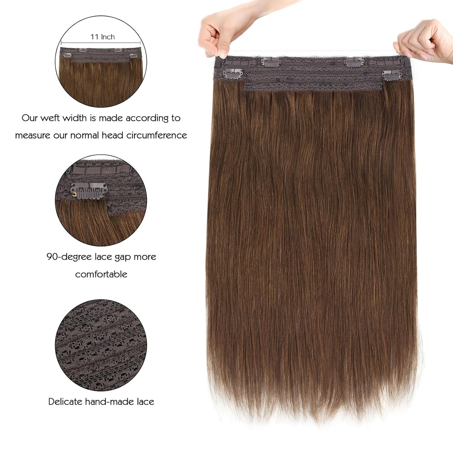 Sassina Invisible Wire Hair Extensions Real Human Hair with Transparent Wire Adjustable Size Secure Clips Natural Straight Secret Miracle Hairpiece, #4 Medium Brown 70 Gram 12 Inch