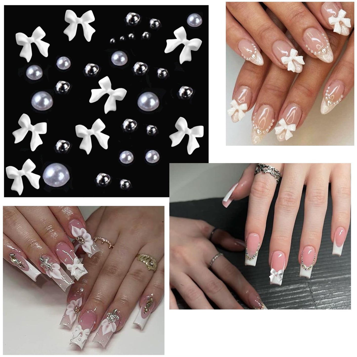 Votacos Nail Charms & Pearls - Bow-Knot Nail Accessories in Silver & White, Half Round Beads, Luxurious Design - DIY Crafts