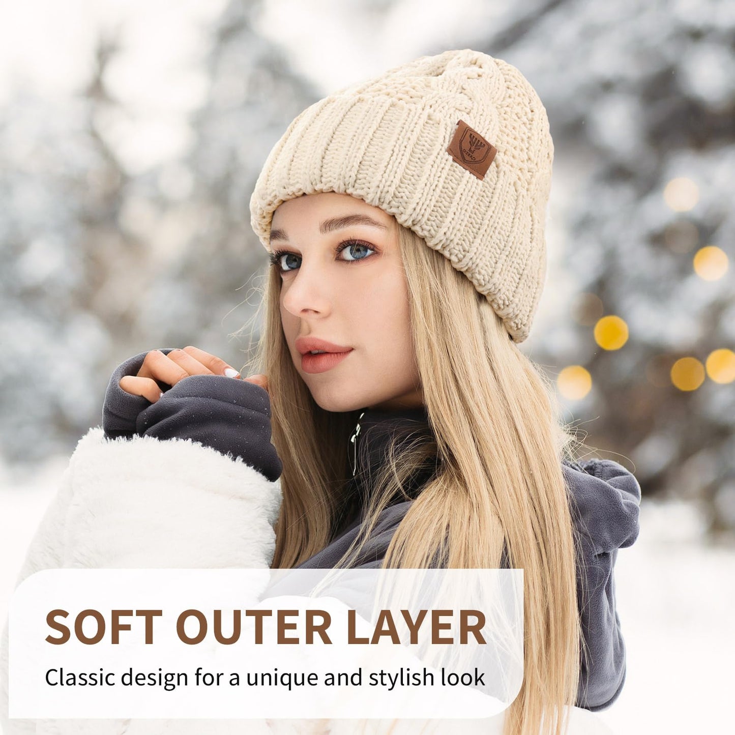 OZERO Womens Hats Winter, Knit Polar Fleece Lined Warm Slouchy Beanie Hats for Women-Beige