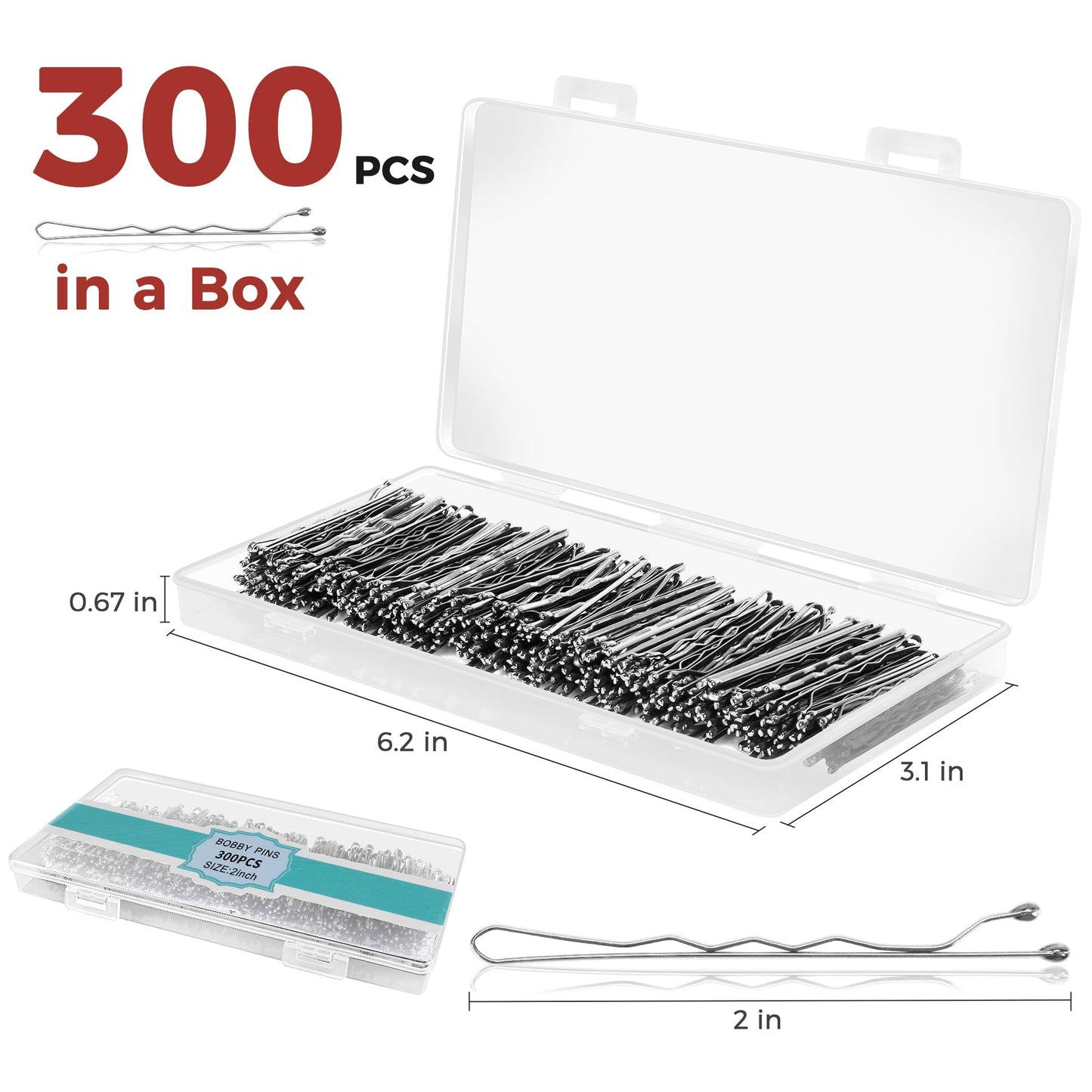 300 Pcs Bobby Pins Black, Black Hair Pins for Women Girls and Kids, Invisible Wave Hair clips Bulk with Storage box, Pain-Free Hairpins(2 Inch Silver)
