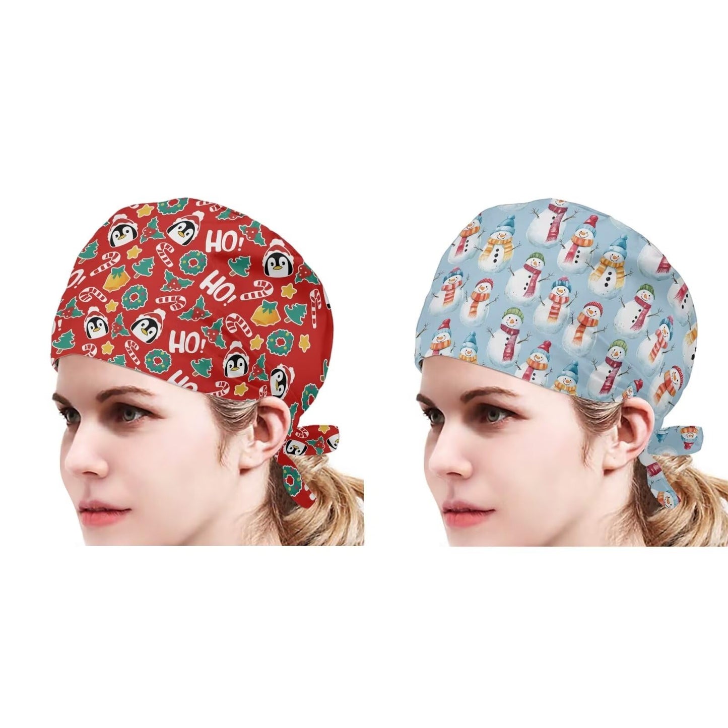 Babrukda 2pcs Set Winter Christmas Snowman Penguin Pattern Beanie Turban Hat for Women Men Baseball Cap with Sweatband Adjustable Tie Back Head Hair Cover Coat Headgear for Party Sport Xmas