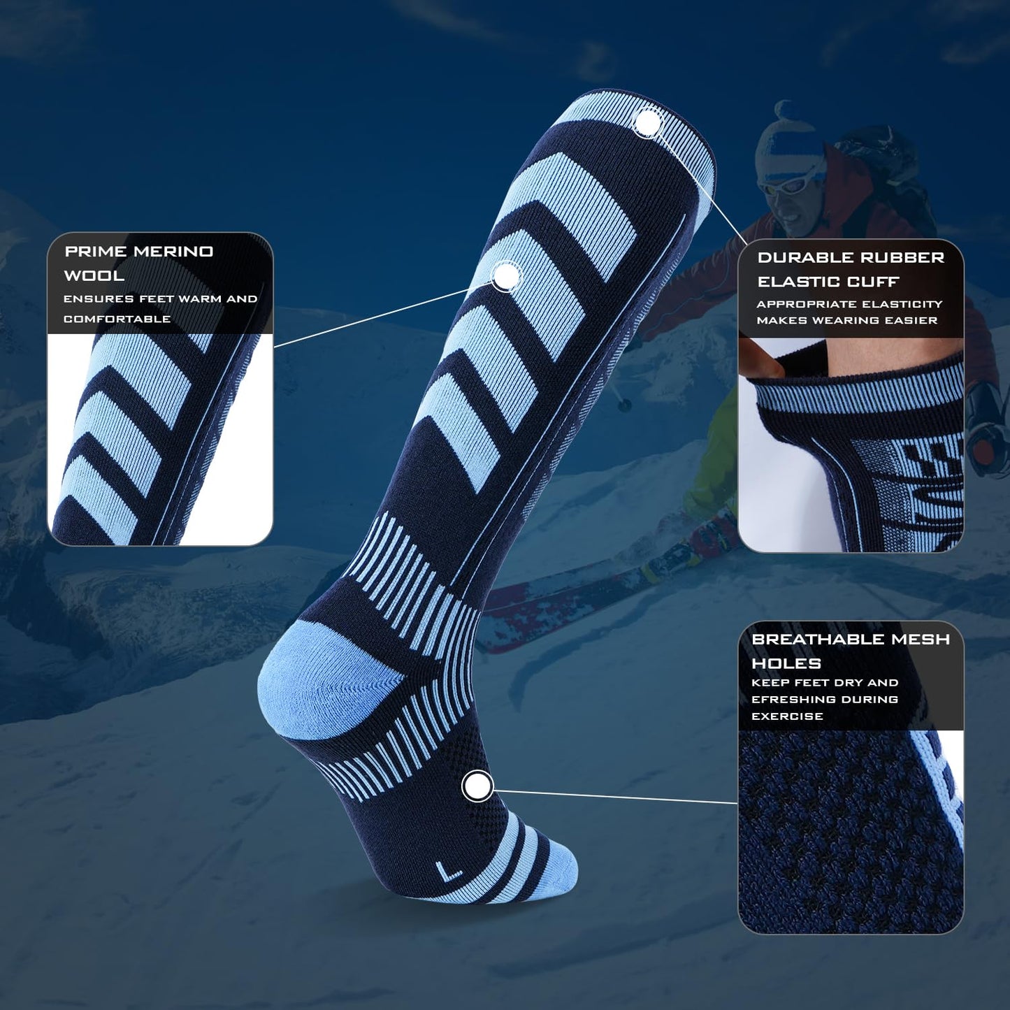 SANYIYIBA 2-Pair Men's Women's Knee-high Merino Wool Ski Socks Whether Daily Warmth Preservation or Snow Sports-Grey+Grey-L
