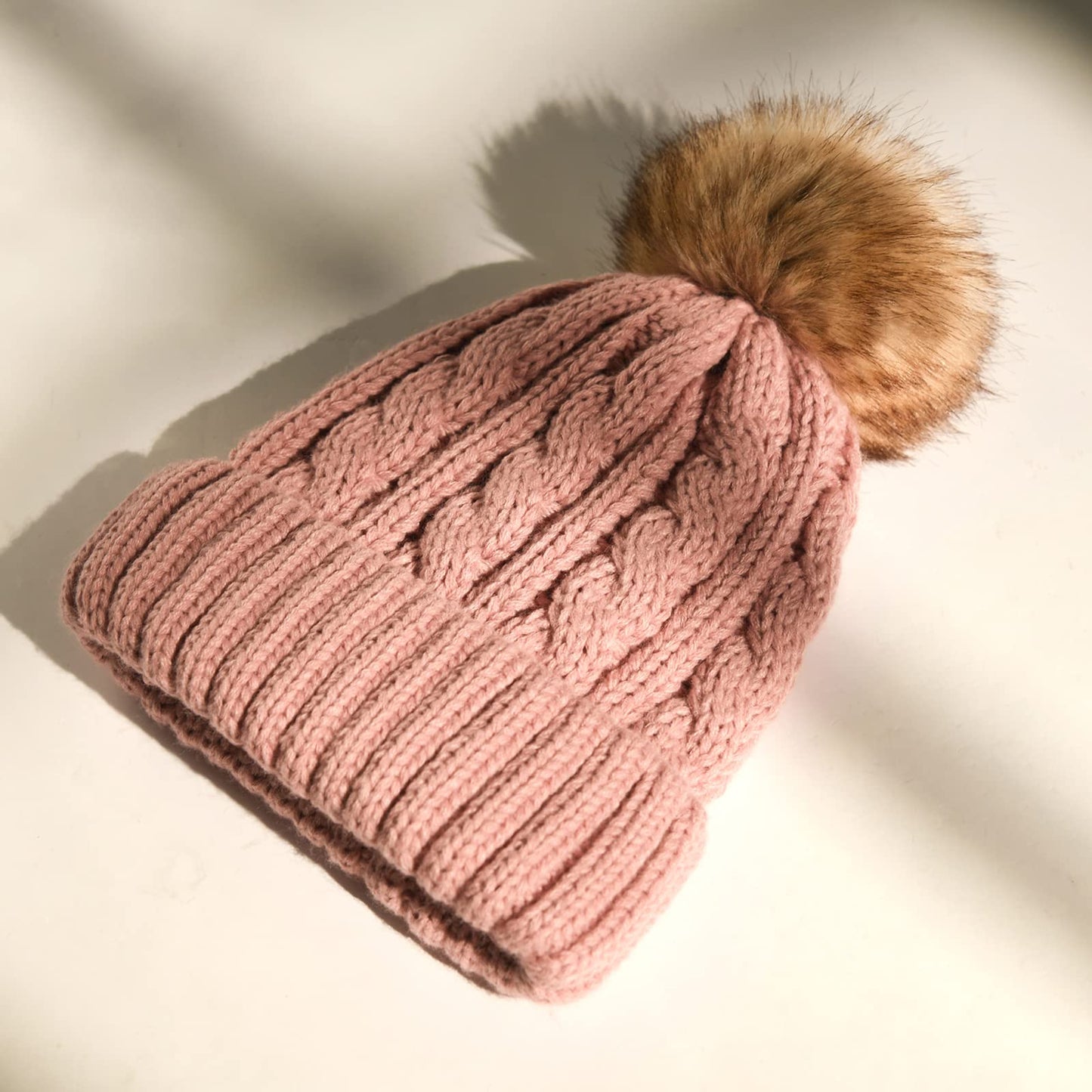 YANIBEST Winter Hats for Women Satin Lined Knitted Beanie Hat Warm Soft Ski Cuff Cap with Pom Pom Pink