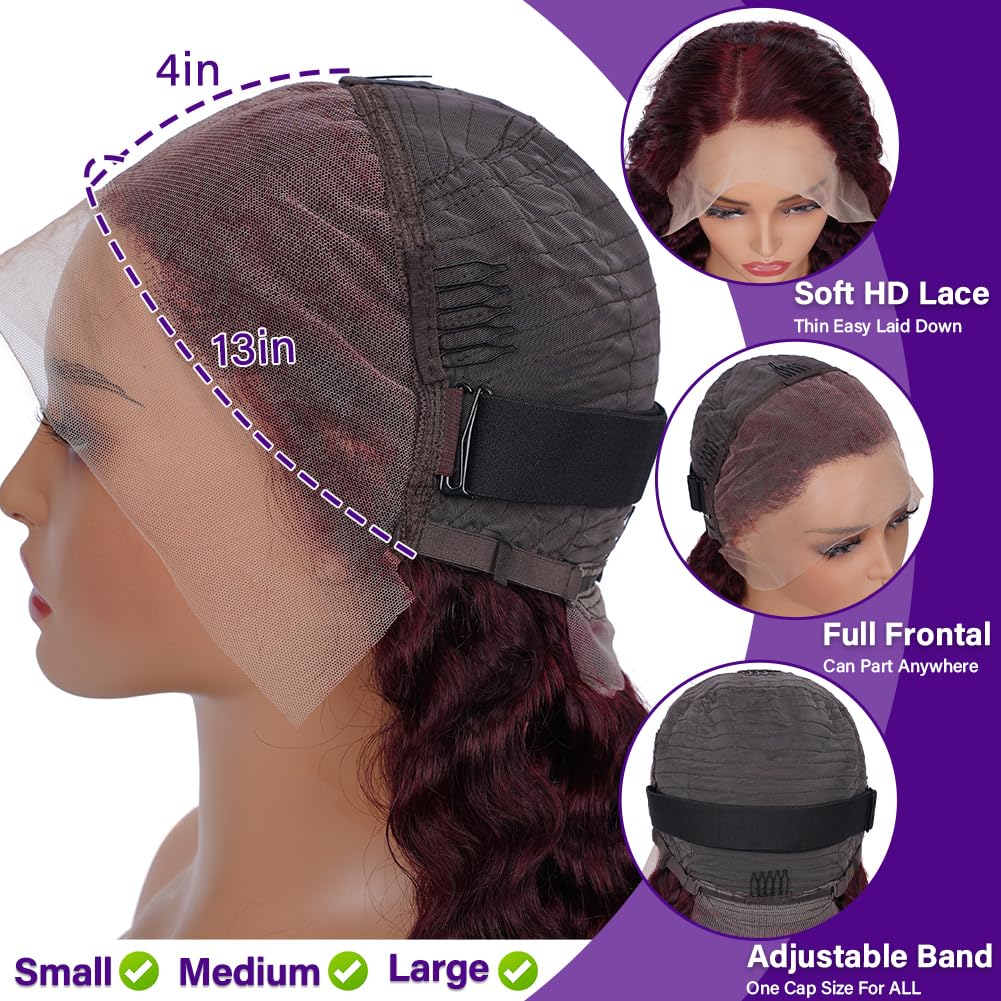 LRV 20 Inch Burgundy Lace Front Wigs Human Hair 13x4 HD Frontal Red Deep Wave Burgundy Human Hair Curly Red Lace Front Wigs for Women Pre Plucked 180 Density