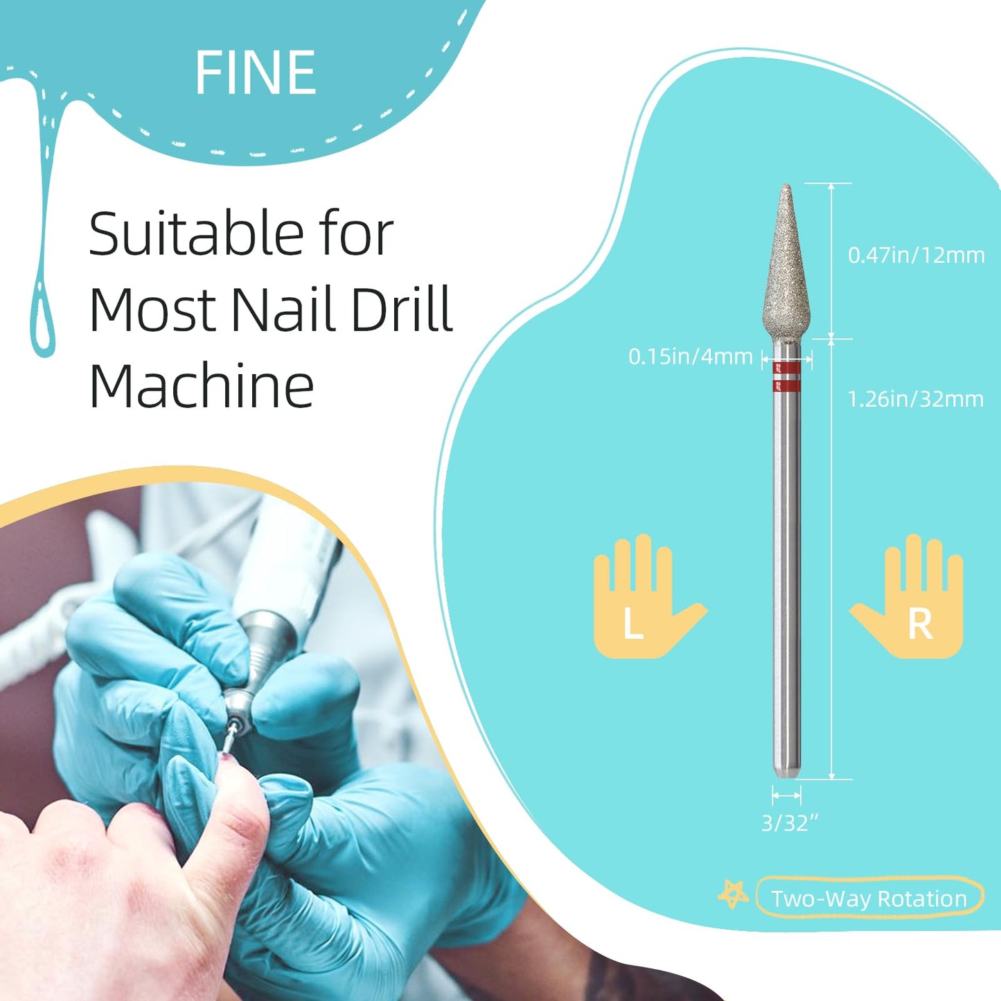 HYTOOS 4mm Long Bud Cuticle Clean Nail Drill Bit, Russian Diamond Nail Bits Professional Safety Under Nail Cleaner Burr for Cuticle Dead Skin, Electric Nails Drill Accessories, Fine