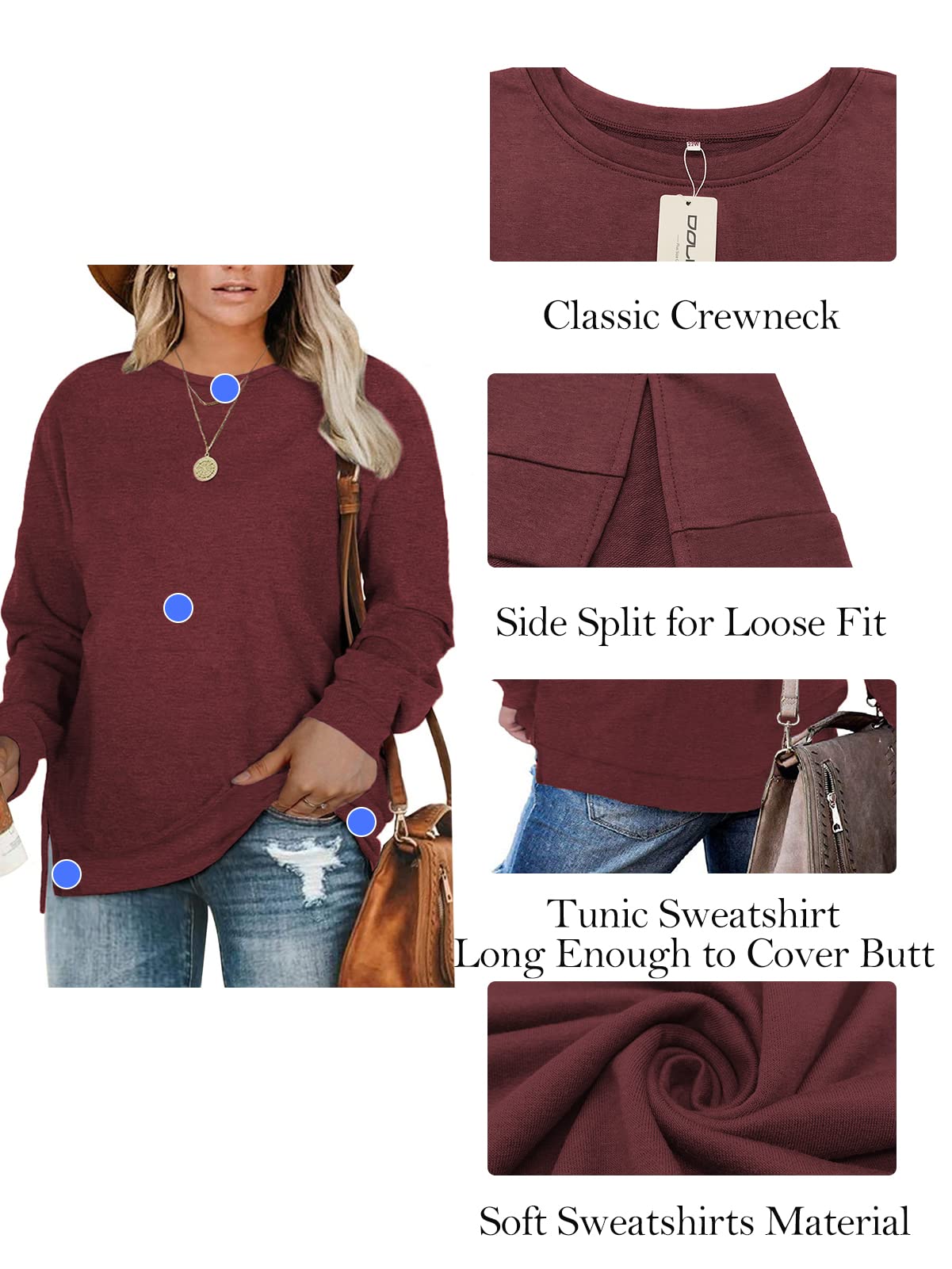 DOLNINE Womens Plus Size Shirts Winter Long Sleeve Sweatshirts Tops Wine Red-16W