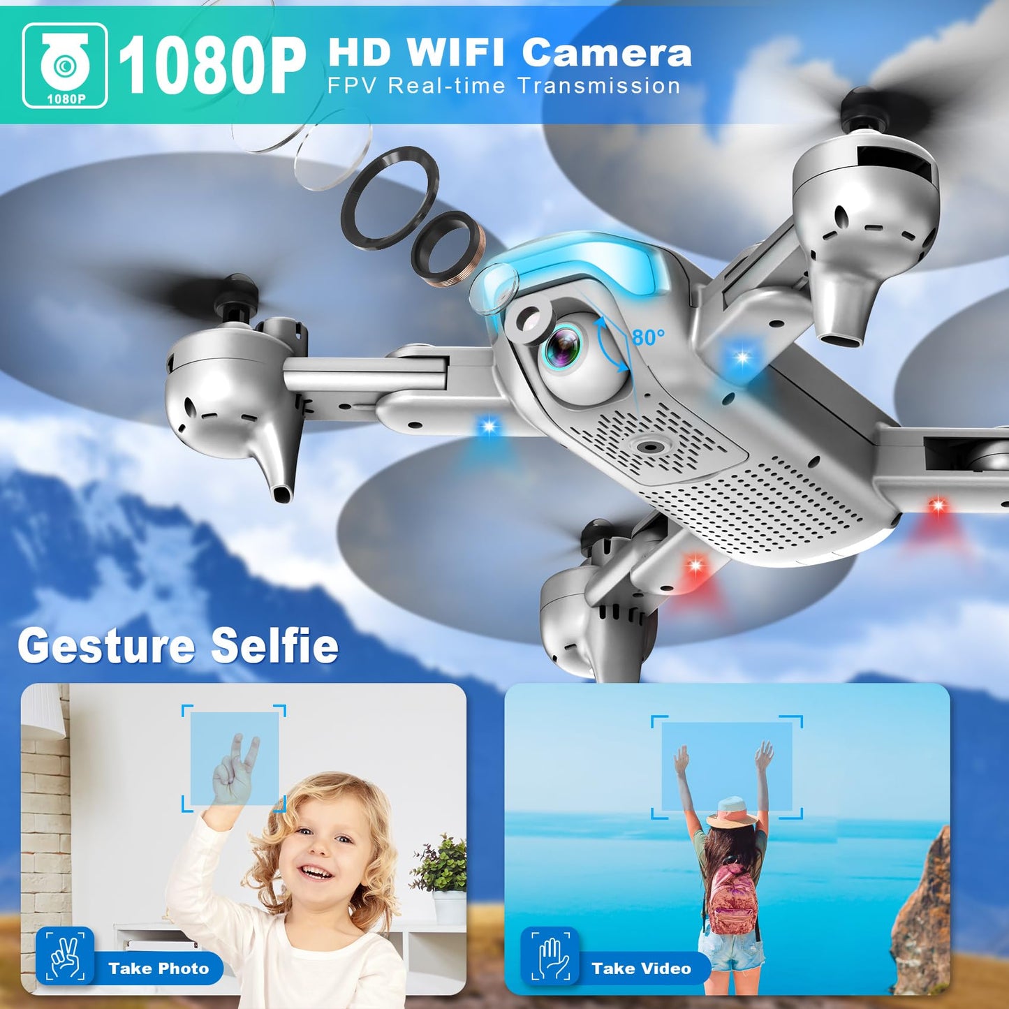 Drone with Camera - Foldable Drone for Begniners with 1080P FPV Camera, Upgrade Altitude Hold, Gestures Selfie, Waypoint Fly, Headless Mode, 3D Flip, One Key Start, 3 Speed Mode, Circle Fly, 2 Batteries
