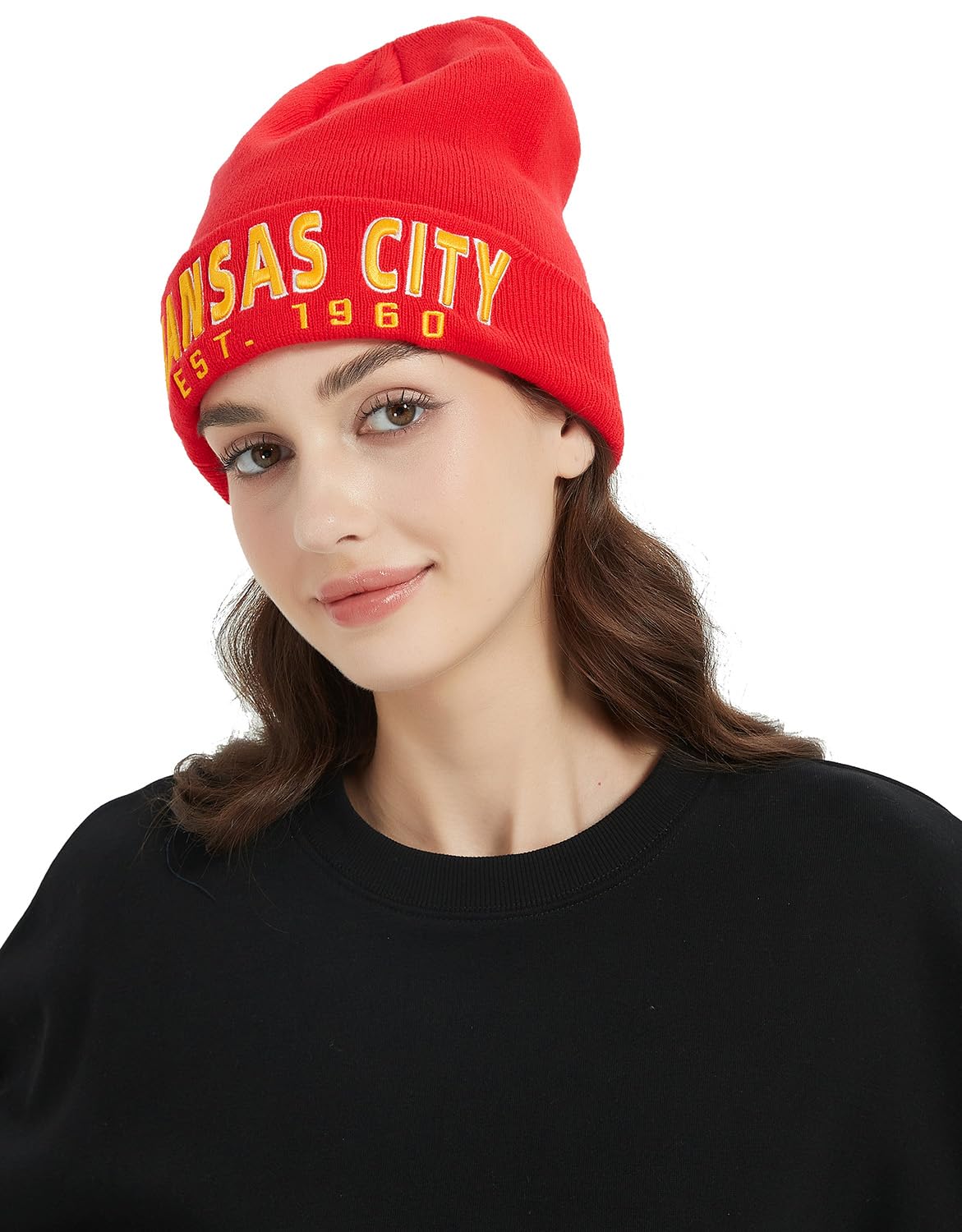 CLORPEAK Kansas City Embroidery Classic Cuff Beanie Hat Cuffed Winter Hat Knit Toque Skull Cap - Red OneSize