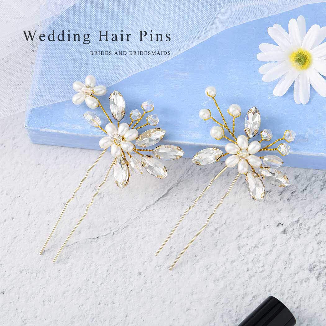 JAKAWIN Bride Wedding Pearl Hair Pins Rhinestone Flower Hair Piece Dressy Bridal Hair Accessories for Women HP065 (Gold)