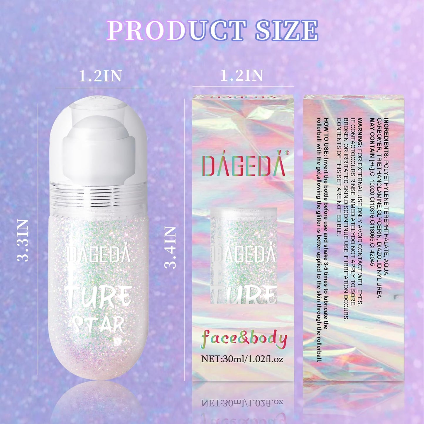 DAGEDA Body Glitter Gel, Roll-on Face Glitter for Mermaid Makeup Festival Rave Accessories, Holographic Hair Glitter Gel,Body Shimmer Halloween Makeup for Rave Party (Dazzle)