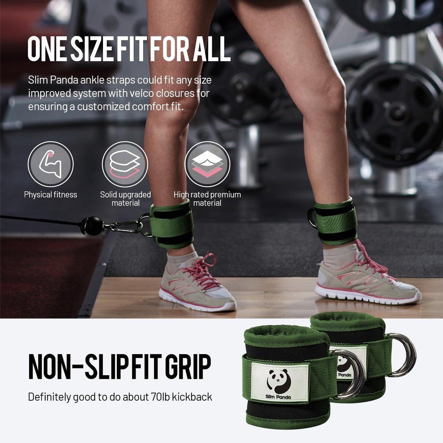 Slim Panda Ankle Strap for Cable Machine,Ankle Cuff for Kickbacks, Booty Hip Abductors,Glute Workouts, Leg Extensions, Curls for Men and Women, Adjustable with Double D-Rings (Pair, Green)