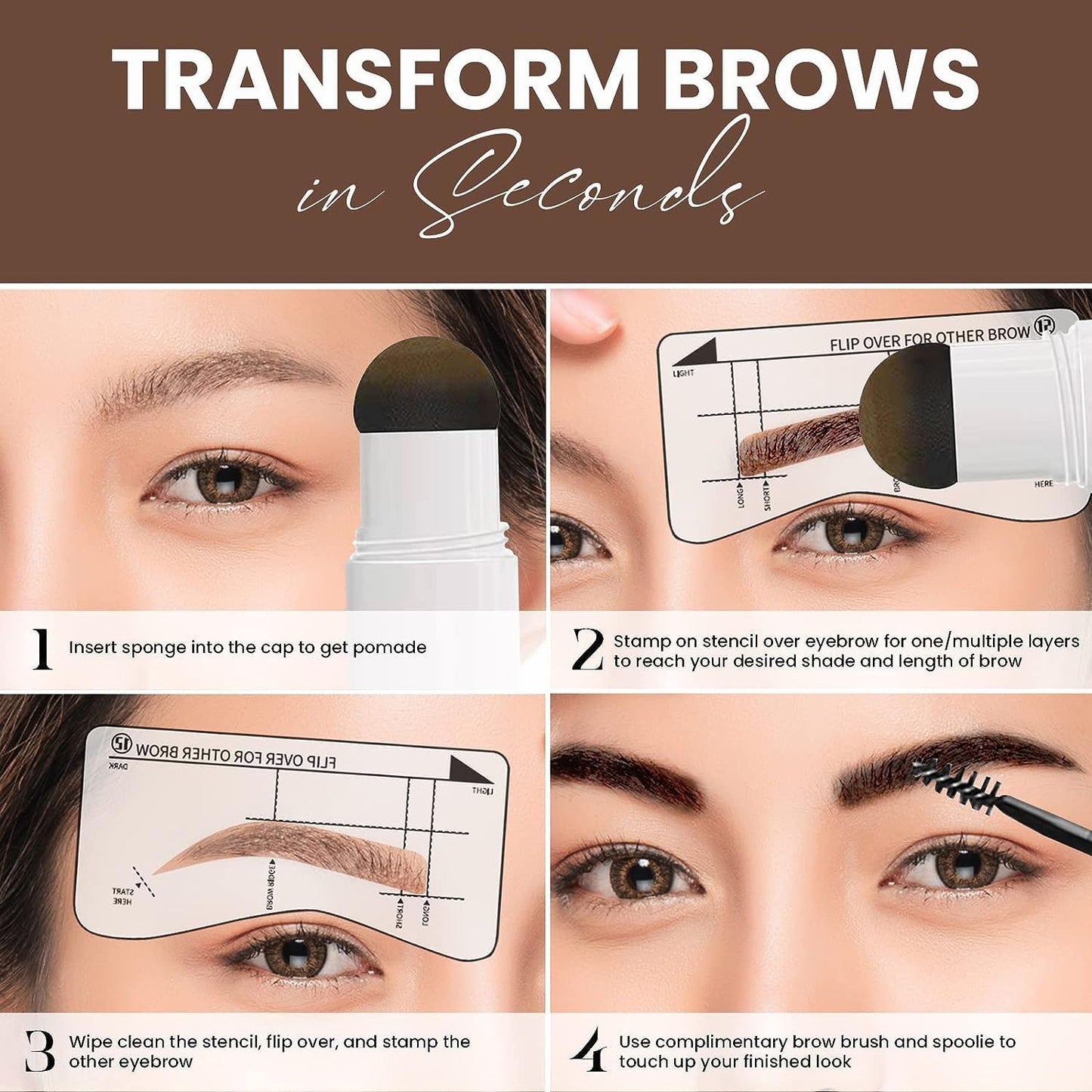 Eyebrow Stamp Stencil Kit Pomade (Medium Brown), 24 Reusable Thin & Thick Stencils, and Shaping Tools for a Defined, Natural Look.