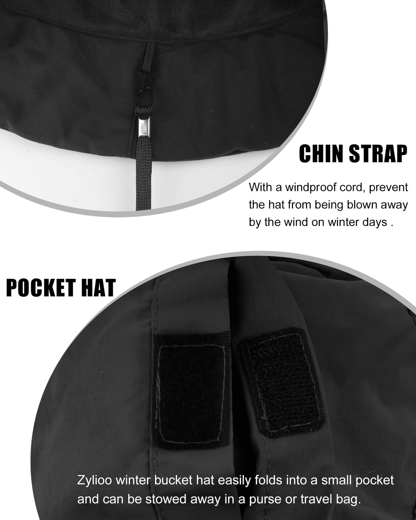 Zylioo XXL Winter Bucket Hat Foldable,Oversize Collapsible Warm Travel Hat,Large Fishing Hat for Big Heads Windproof Black