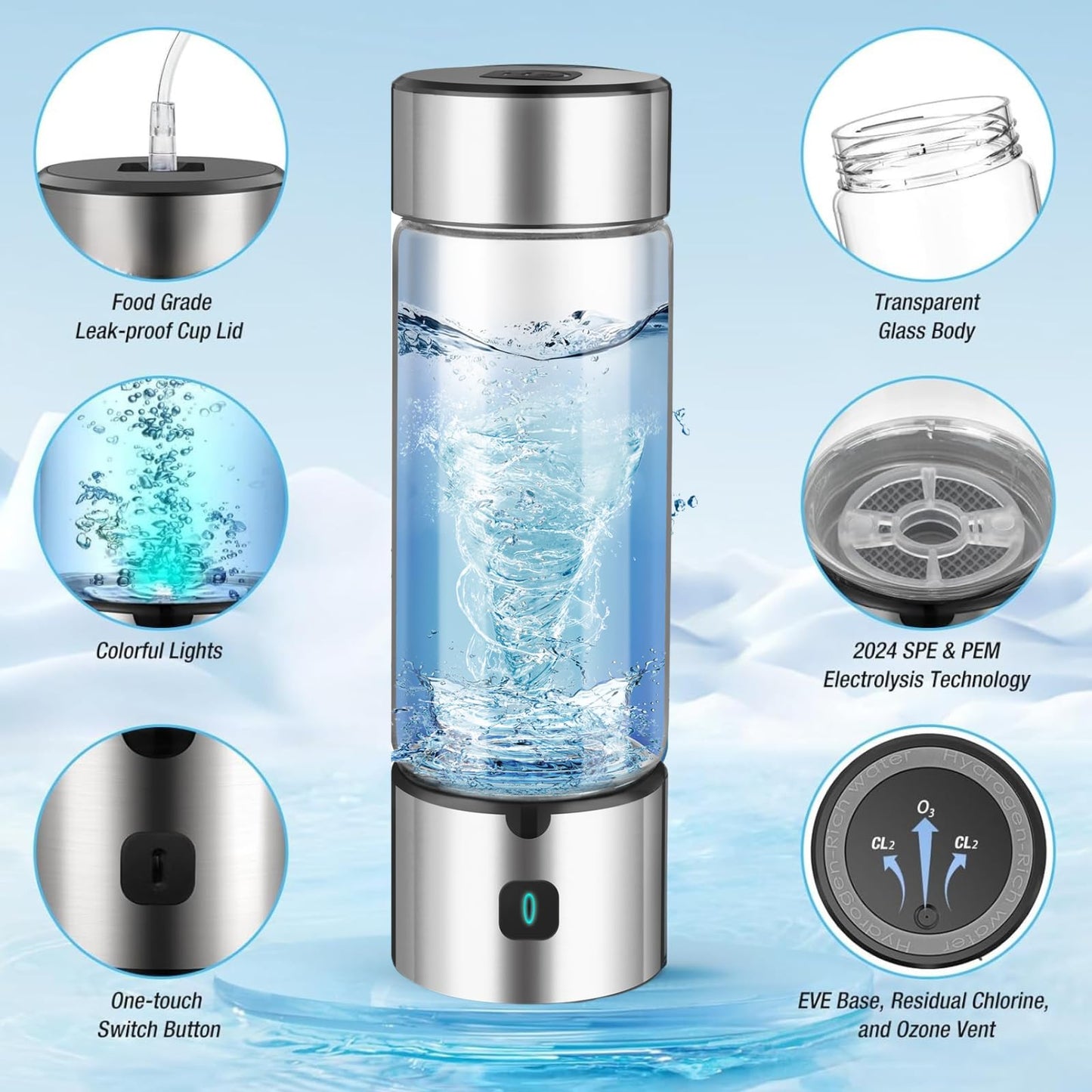 2025 New Hydrogen Water Bottle,Upgraded 16'OZ SPE/PEM 4.0 Tech, 3-Min 2500PPB+ Hydrogen Water Bottle Generator,Rechargeable Hydrogen Water Machine,Portable for Home,Office,Travel & Gifts