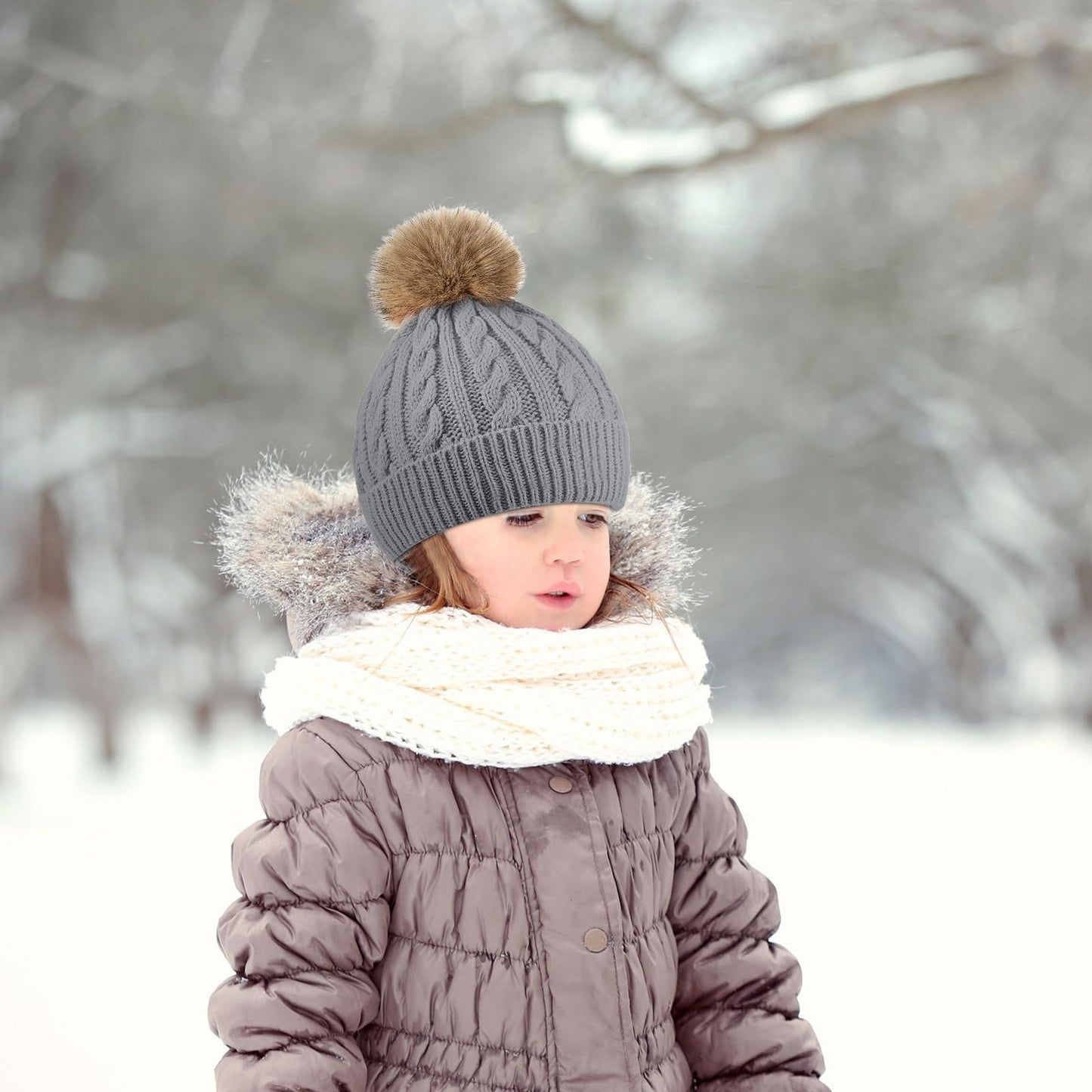 Kids Knitted Woolen Hat 3 Pieces Winter Warm Pom Pom Beanie Cap Knit Hat with Detachable Pom for 1-3 Years Old Girls Boys (Khaki, White, Gray)