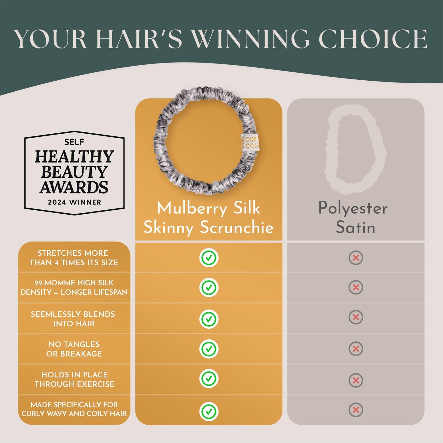 Authentic Mulberry Silk Skinny Hair Match Scrunchies for Women, Anti Breakage Hair Ties for Curly Thick & Thin Hair, No Dent, No Pull, 100% Silk for Buns, Sleep & Ponytail, Silver/Deep Grey (4 Pack)
