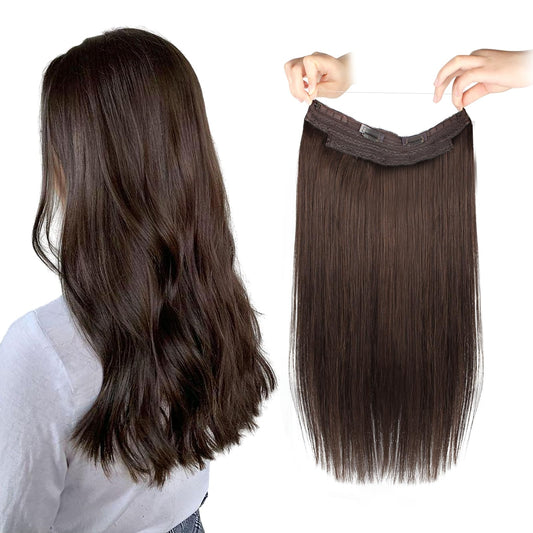 Sassina Invisible Wire Hair Extensions Real Human Hair with Transparent Wire Adjustable Size Secure Clips Natural Straight Secret Miracle Hairpiece, #4A Light Medium Brown 12 Inch 70 Gram