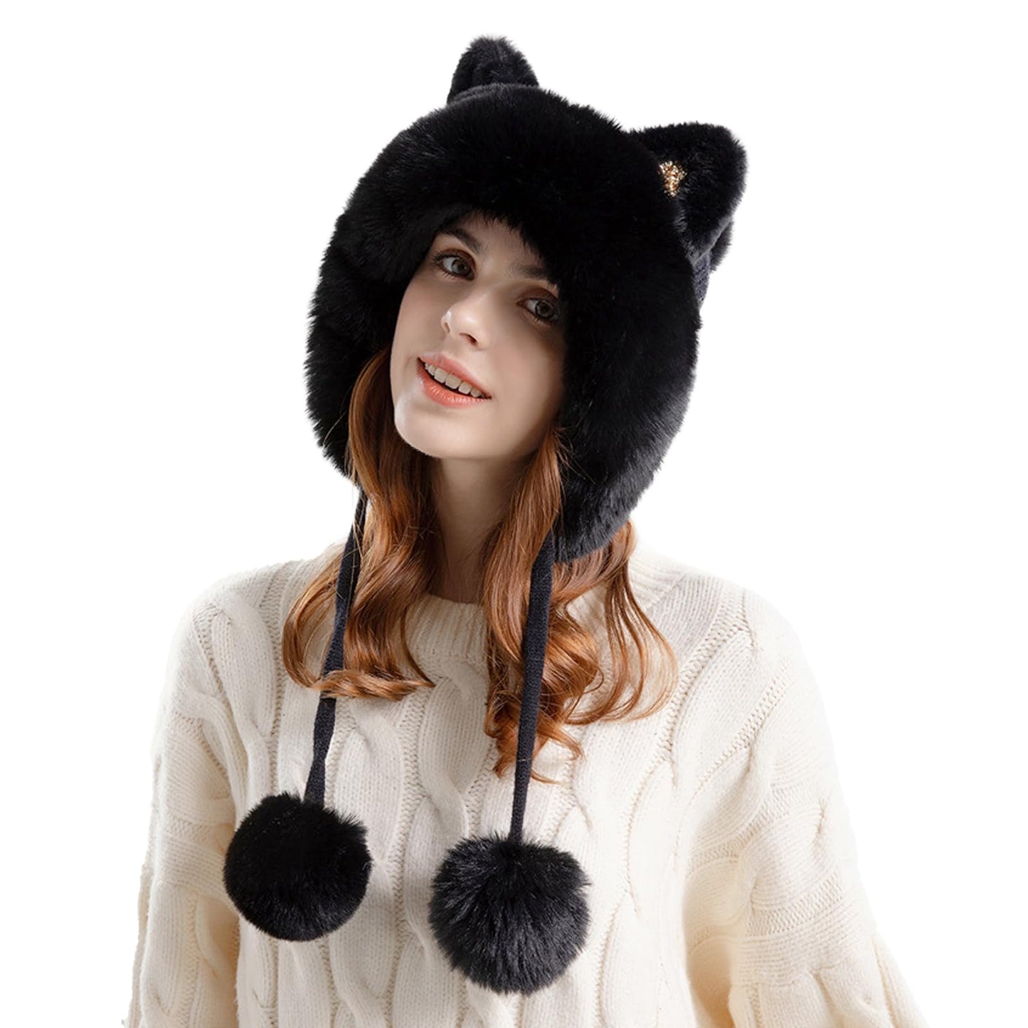 Women Girls Cat Ears Fleece Lined Hat, Winter Warm Knitted Beanie Slouchy Skull Cap Earflap Hats for Cold Weather