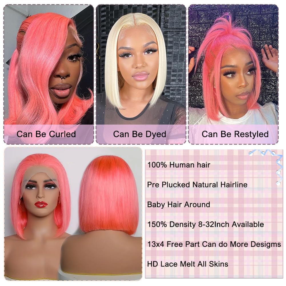 MUGOHK Pink Bob Wig Human Hair 14 Inch 13x4 Cotton Candy Pink Straight HD Lace Frontal Wig Human Hair Pre Plucked with Baby Hair Bubblegum Pink Lace Closure Human Hair Wig 150 Density for Women
