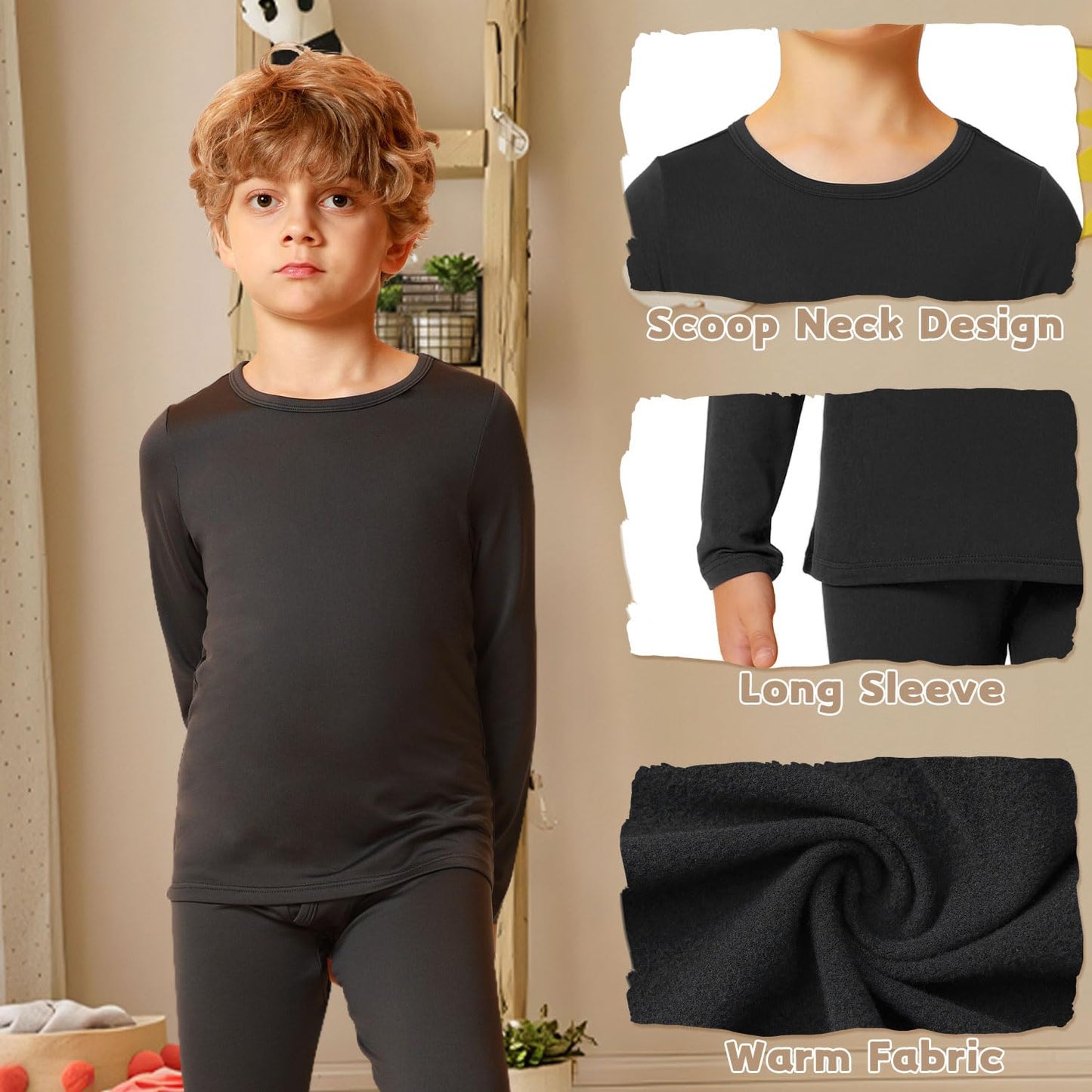 HODOSPORTS Boy's Thermal Underwear Top Kid’s Winter Base Layer Fleece Lined Compression Shirt Dark Grey