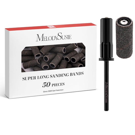 MelodySusie 50 Pcs Nail Drill Bits Super Long Sanding Bands with 6.65mm Crystal Mandrel Bit, 120 Medium Grit Nail File for Acrylic Nails Gel Manicures and Pedicure, Black