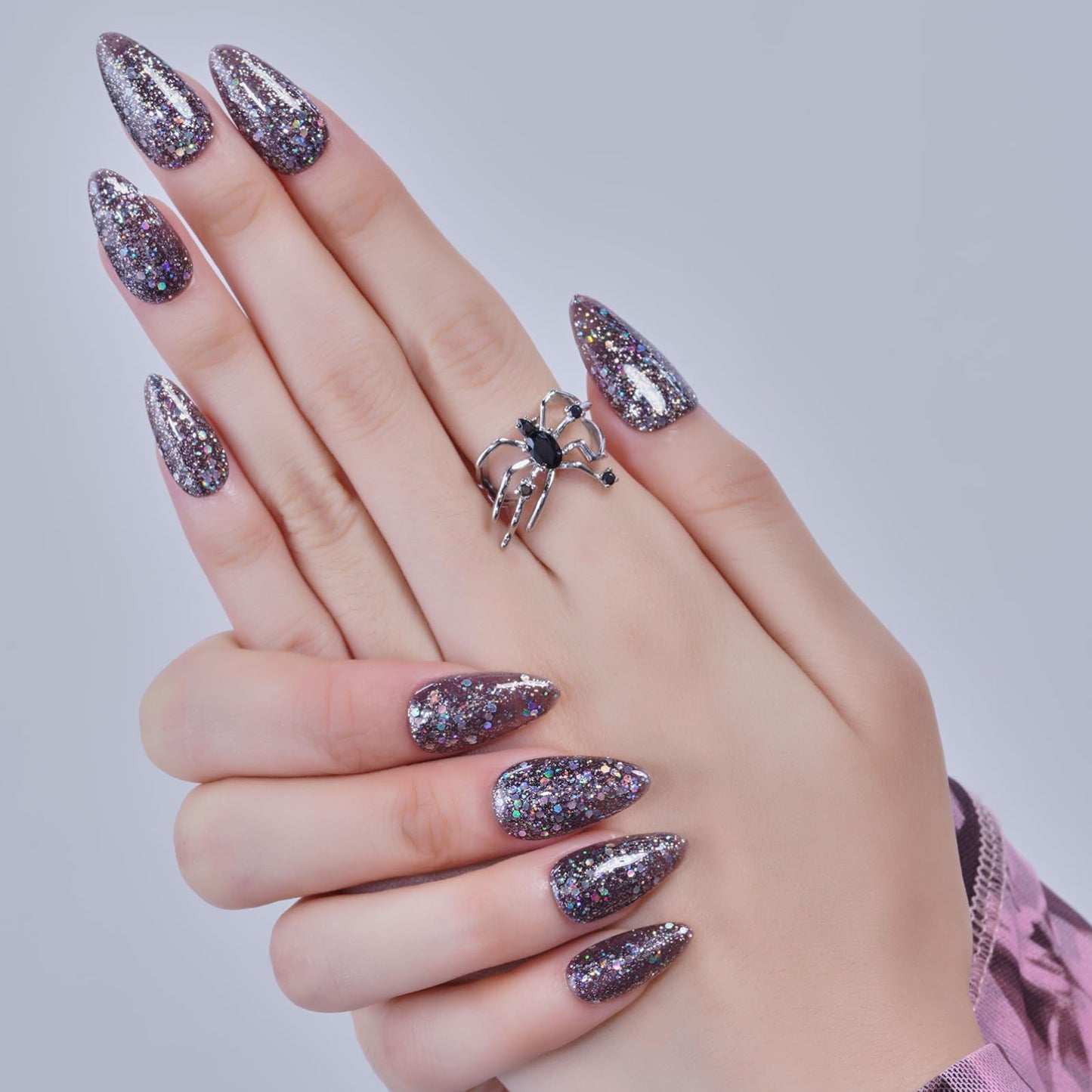 GLAMERMAID Black Press on Nails Medium Almond, Galaxy Glitter Jelly Soft Gel Fake Nails Stiletto, Shrimmer Dark Glossy Glue on Nails Short Oval, Reusable Acrylic Stick on False Nails Kit for Women