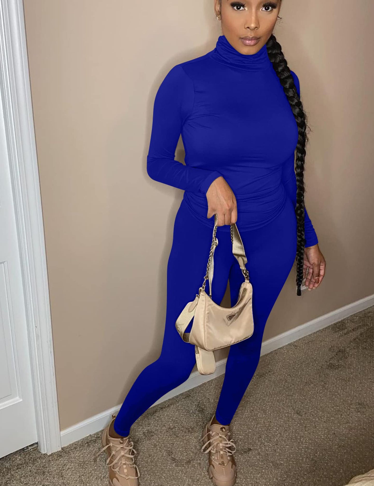 Mokoru Women's Tracksuit 2 Piece Outfits Turtleneck Long Sleeve Shirt Workout Jogger Legging Pants Set, Small, Royal Blue