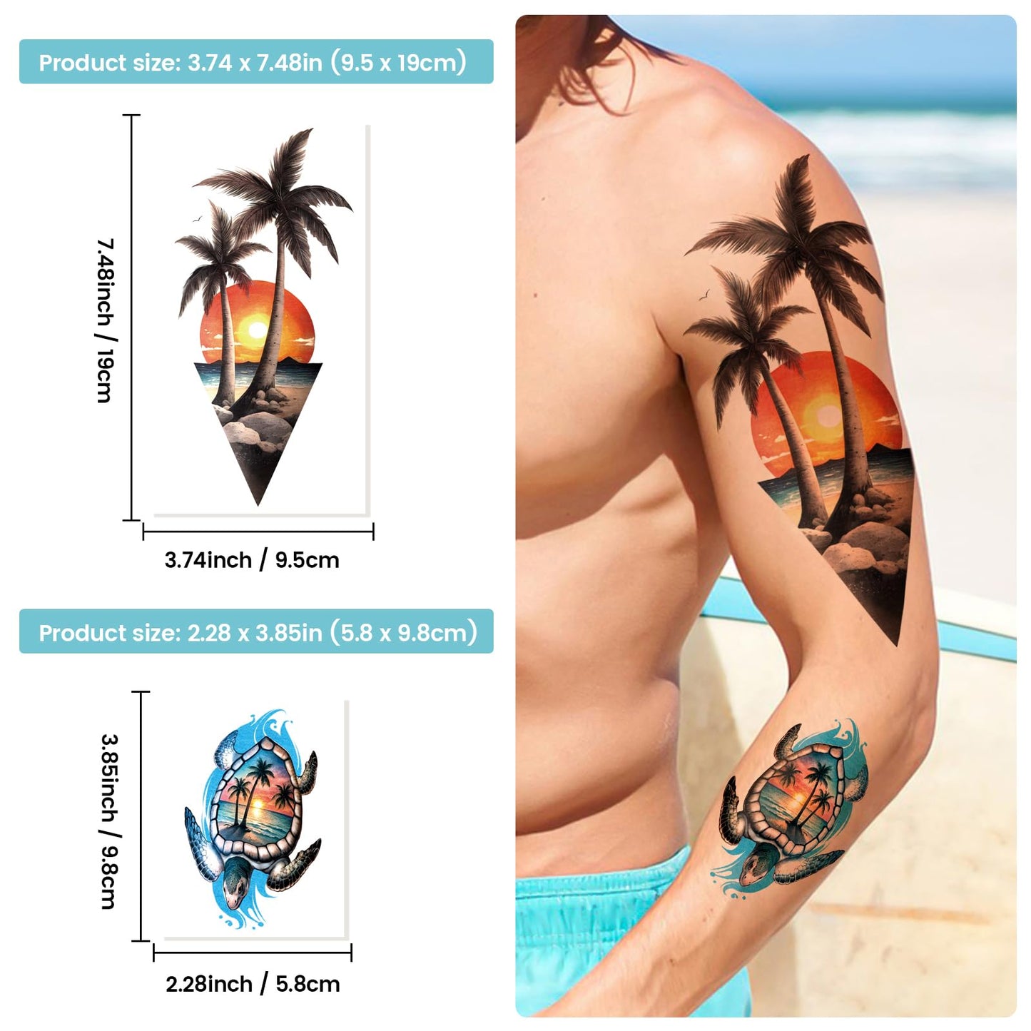 77 Sheets Temporary Tattoo, Sunset Sunglasses Beach Flower Palm Tree Hawaiian Themed Waterproof Fake Tattoos, Holiday Temporary Tattoos for Men Women Kids Party and Goody Bag Stuffers