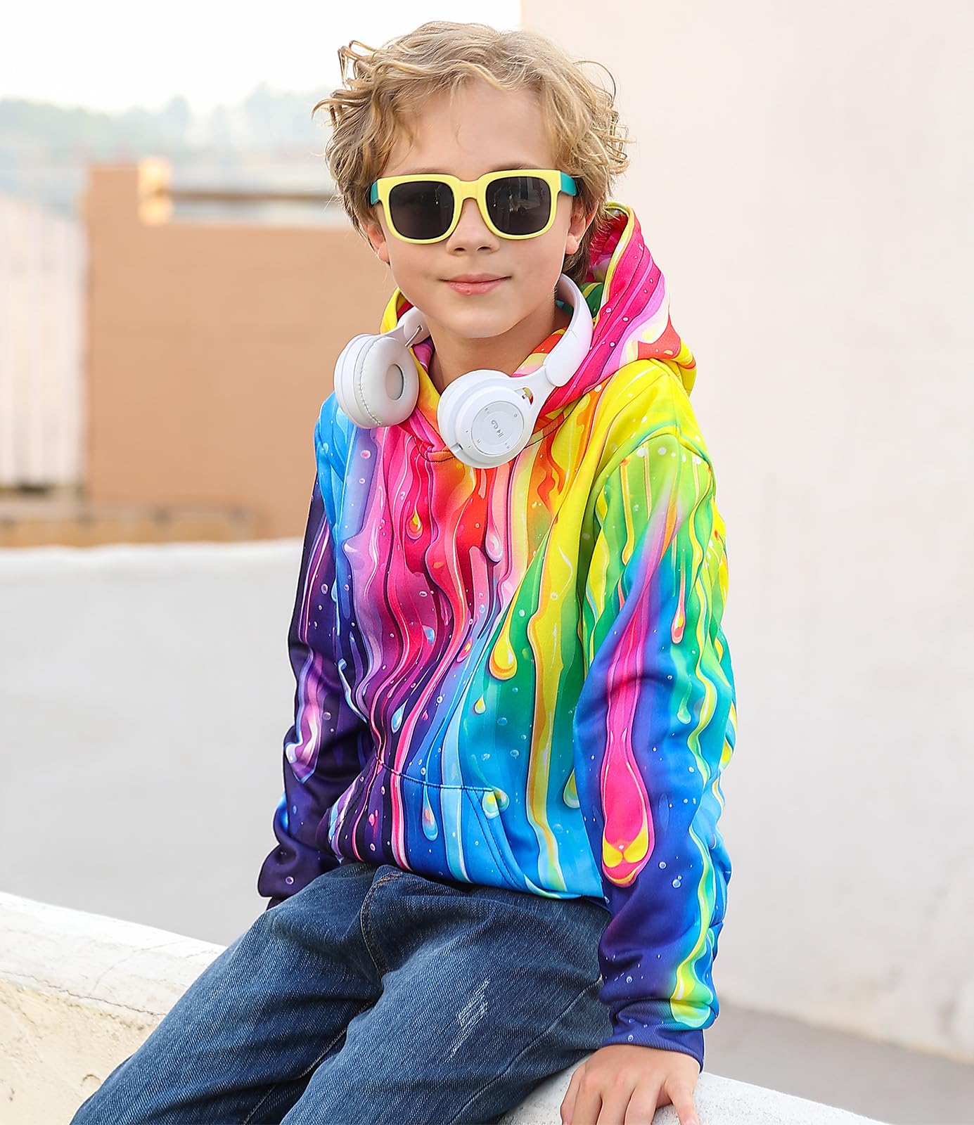 UNICOMIDEA Hoodies For Boys Kids Sweatshirt 3D Print Drop Pattern Long Sleeves Hooded Pullover Tops With Pocket Autumn Winter Warm Wear 9-10 Years Party Vacation