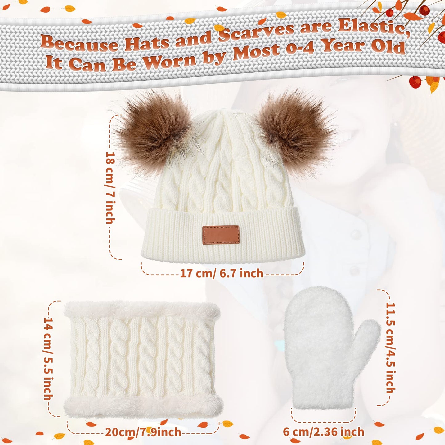 6 Pcs Toddler Kids Winter Hat Gloves Scarf Set Knit Beanie Hat with Pom Pom Mittens Neck Warmer for Baby Boys Girls 1-6 Year(Gray, White)