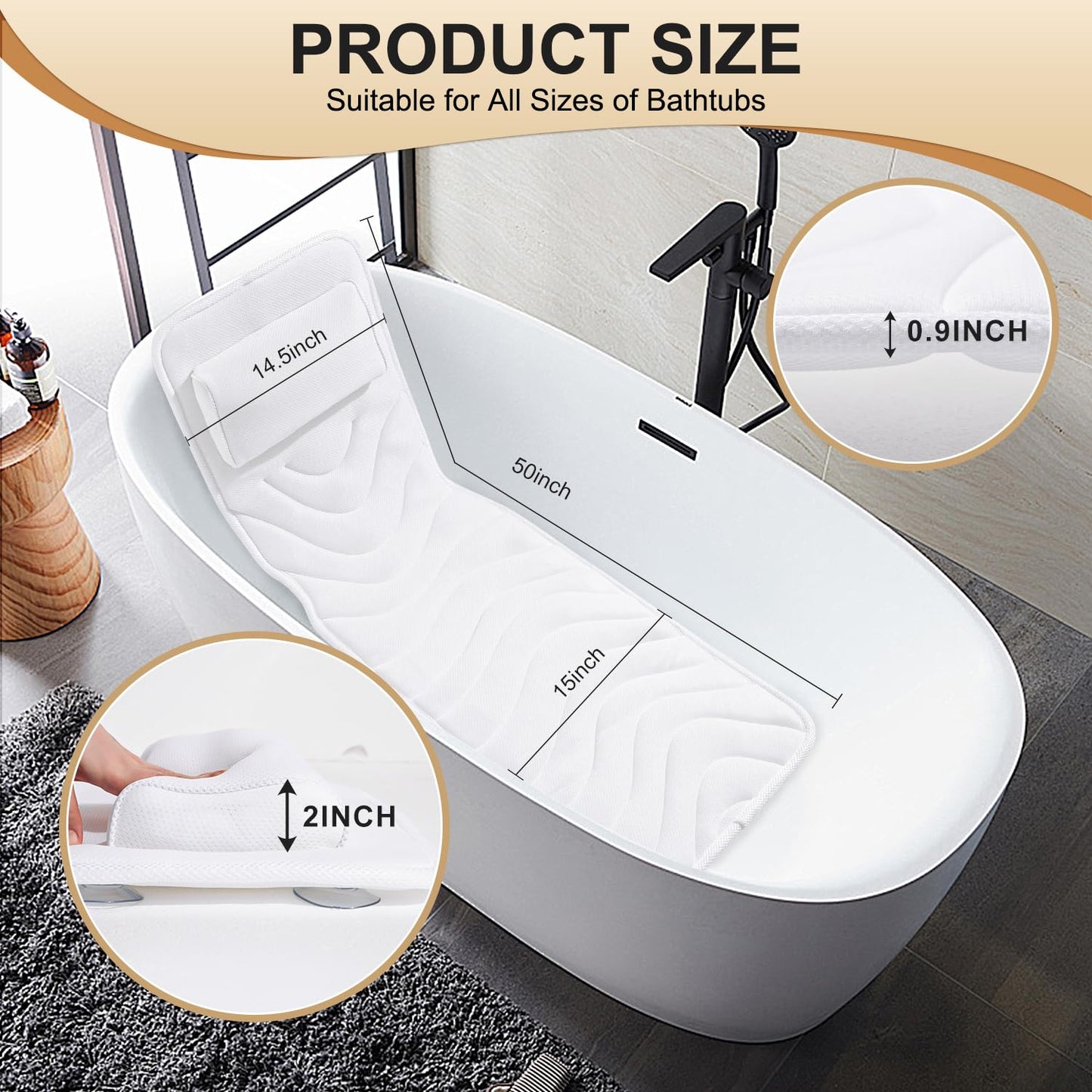 Full Body Bath Pillow for Bathtub, Non-Slip Bath Pillows for Tub, Spa Bathtub Pillow Cushion for Headrest Neck Shoulder and Back Rest Support,Relaxation Spa Accessories-50 x 15" (White)
