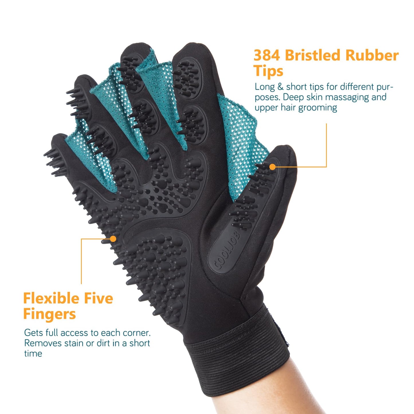COOLJOB Patented Pet Grooming Gloves with Web, Reusable Washable Cleaning Brush Massage Hair Remover for Short Long Haired Dog Cat Horse Animal, Washing Bathing Shedding Supplies, Medium, Blue Black