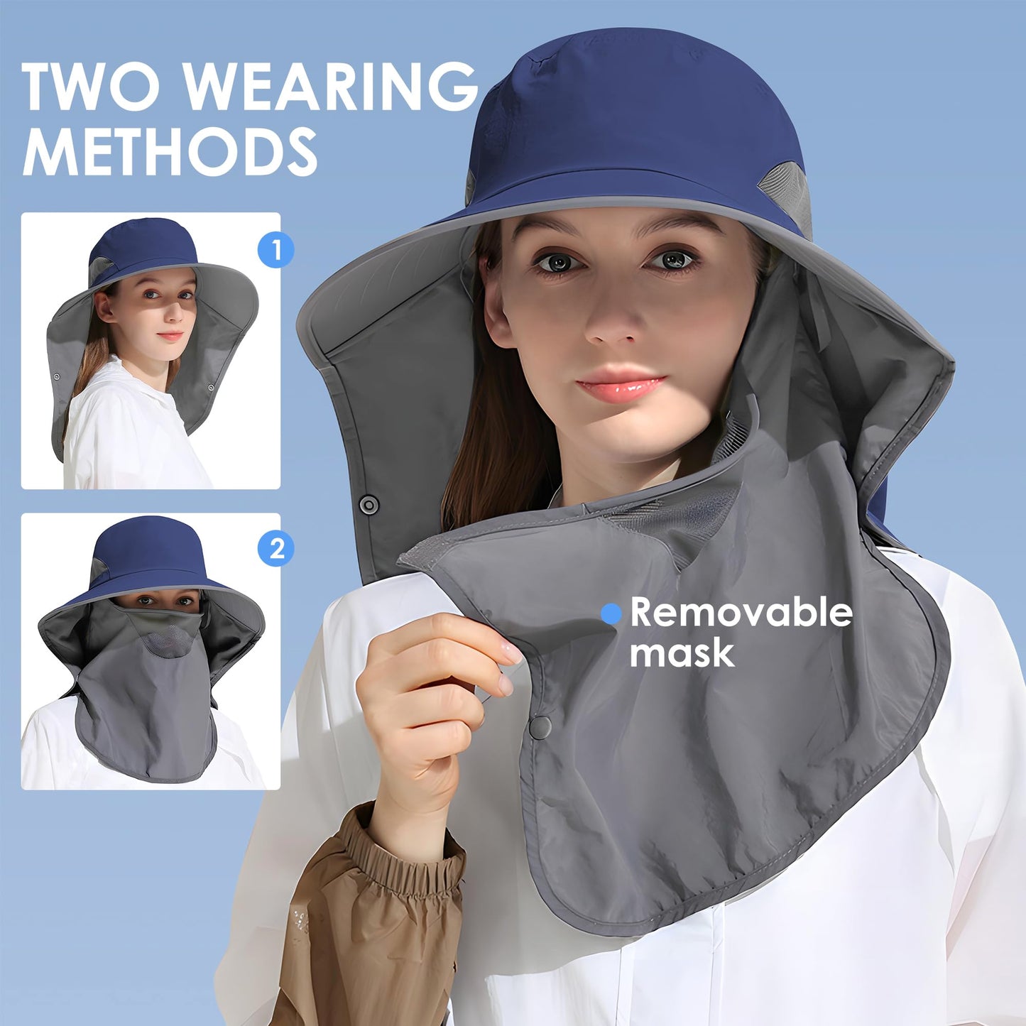 Outdoor Sun Hat Detachable Neck Face Flap UPF 50+UV Protection Visor Fishing Hats with Neck Flap for Men & Women Navy
