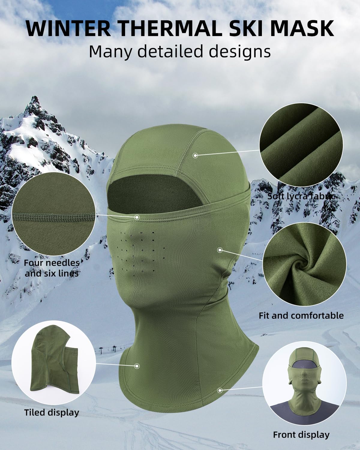 QUNATURE Balaclava Ski mask Winter Face Mask for Men & Women Windproof Fleece Thermal Ski Mask Breathable Neck Warmer Green