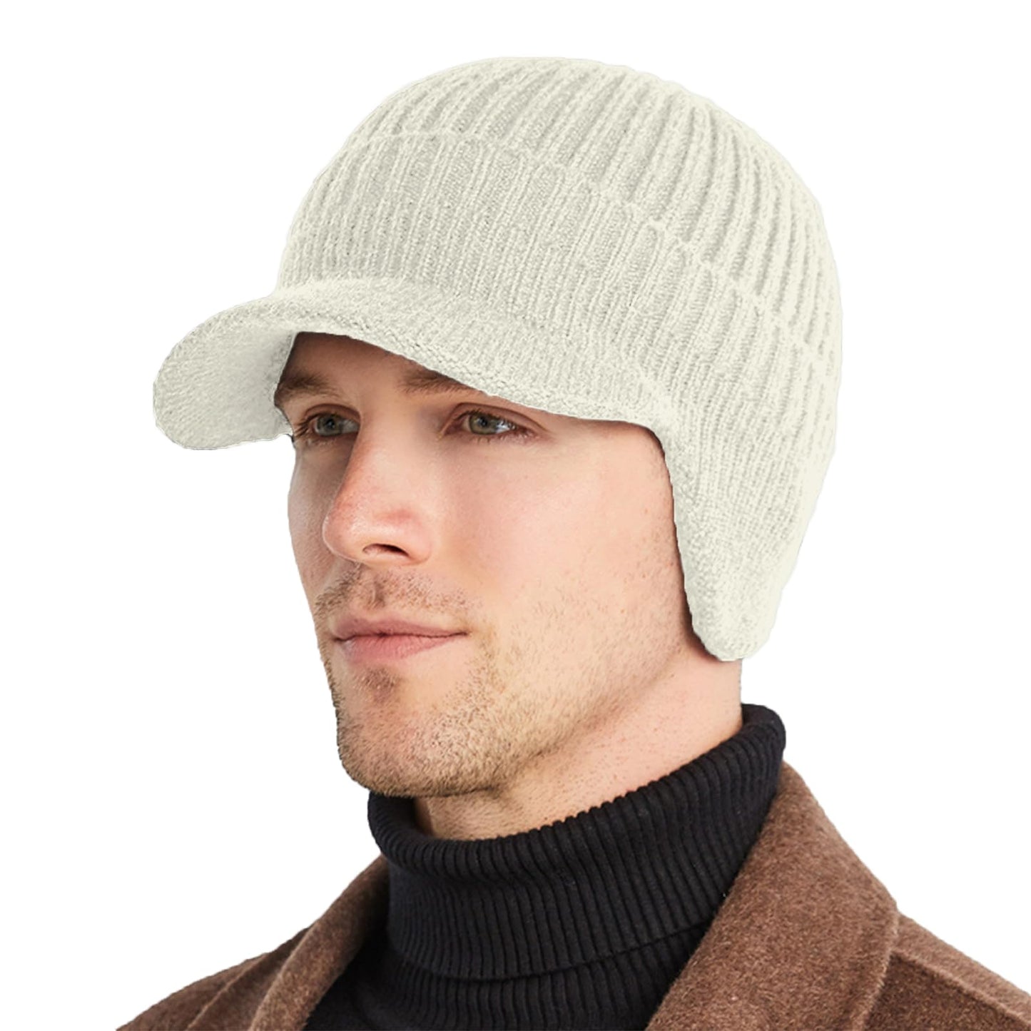 Epsoco Winter Hats for Men with Ear Flaps Thick Knit Fleece Lined Fishing Beanie Hat with Visor Brim Outdoor Warmer Hunting Baseball Caps Beige