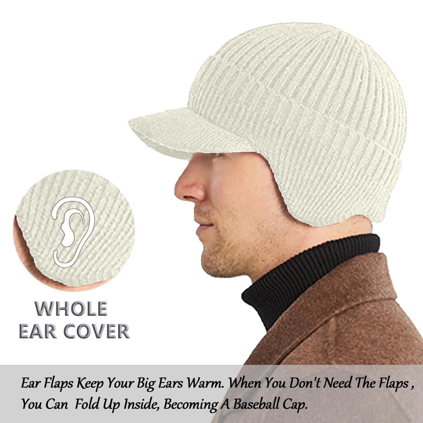 Epsoco Winter Hats for Men with Ear Flaps Thick Knit Fleece Lined Fishing Beanie Hat with Visor Brim Outdoor Warmer Hunting Baseball Caps Beige