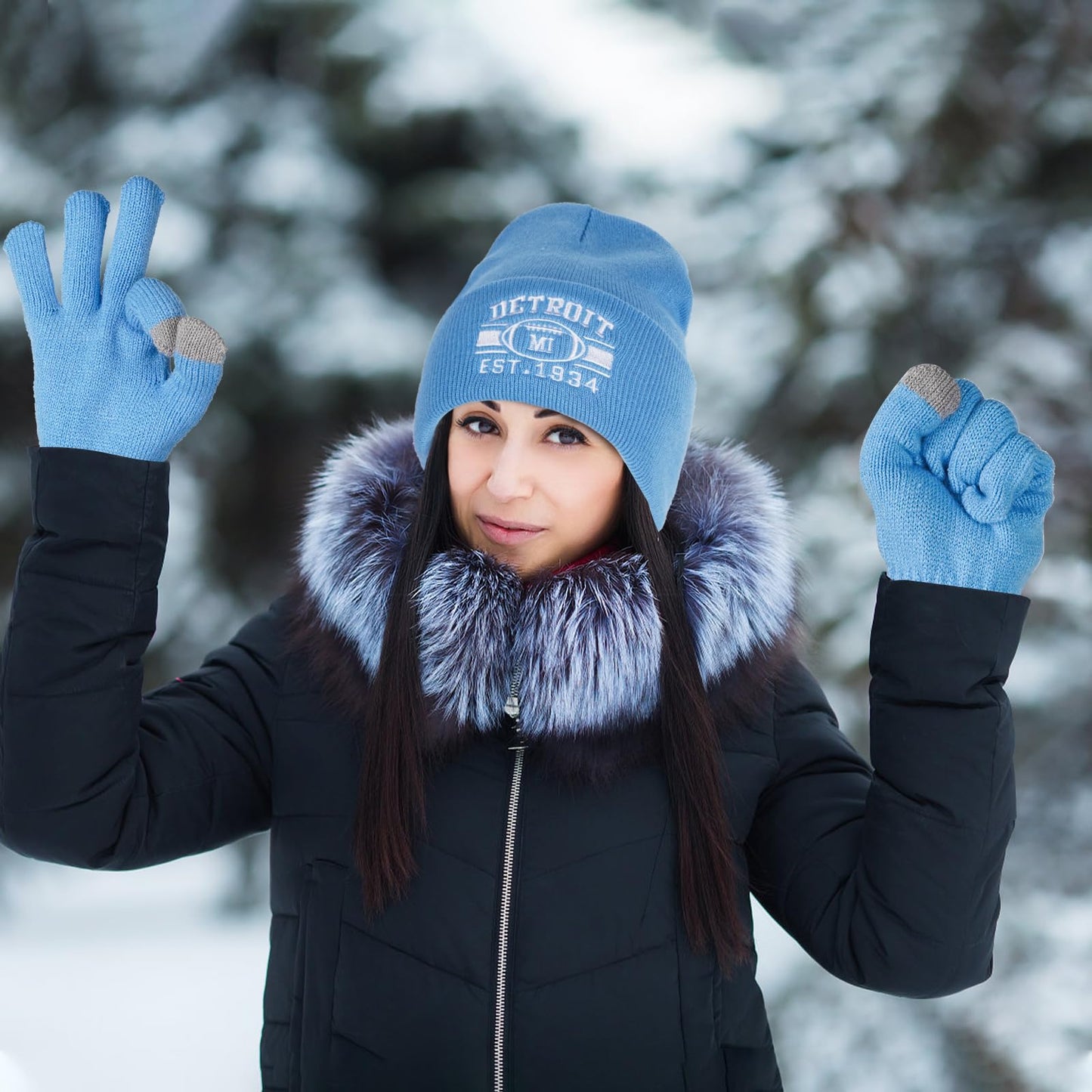 Classic City Football Fans Beanie Hat Embroidery Skull Cap Vintage Cuffed Knit Winter Hat with Warm Gloves Gifts for Men Women(Detroit,Sky blue)