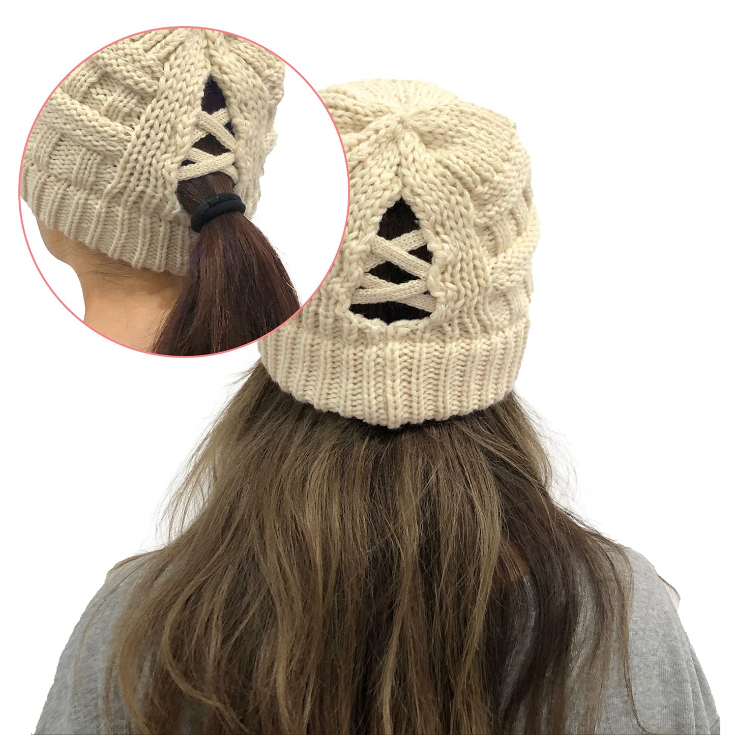 PHOGARY 2 Pack Ponytail Hats for Women Criss Cross Winter High Messy Bun Beanie Hat with Ponytail Hole (Colorful Black & Rice)