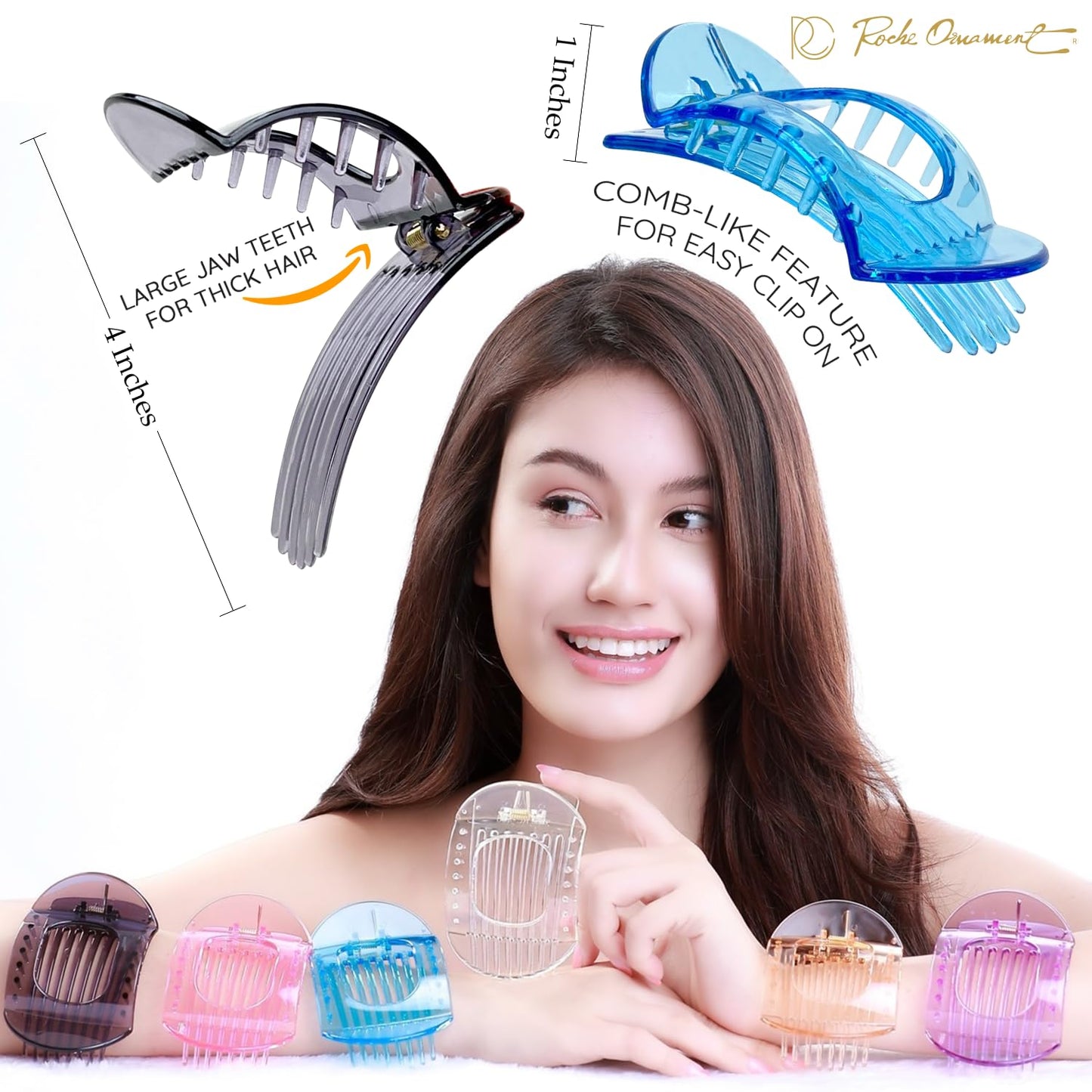 RC ROCHE ORNAMENT 6 Pcs Womens Square Strong Grip Secure Hold Inner Plastic Comfortable Curve No Slip Teeth Styling Beauty Accessory Girls Ladies Claw Clamp Clip, Medium Transparent