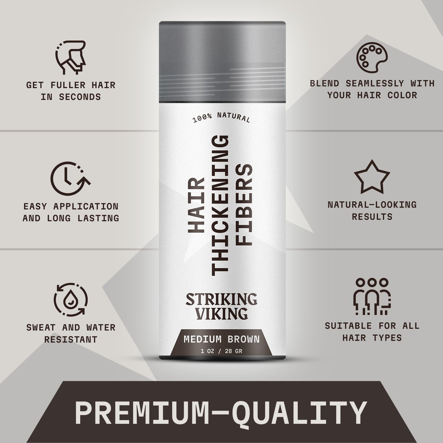Striking Viking Hair Fibers for Thinning Hair (Medium Brown) 28g - Naturally Derived - Long Lasting Powder, Undetectable, Thicker Look for Men & Women