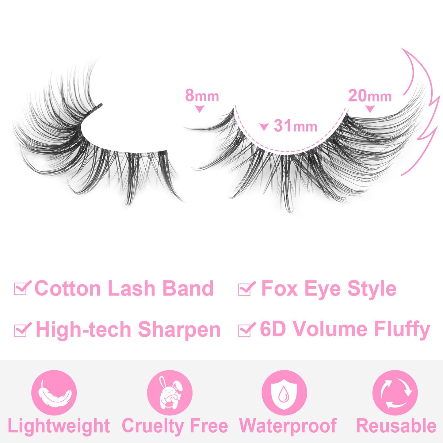 Manga Lashes Fox Eye False Eyelashes Natural Look Faux Mink Lashes Wispy Clear Band Spiky Cat Eye Strip Eyelashes Pack, 7 Pairs