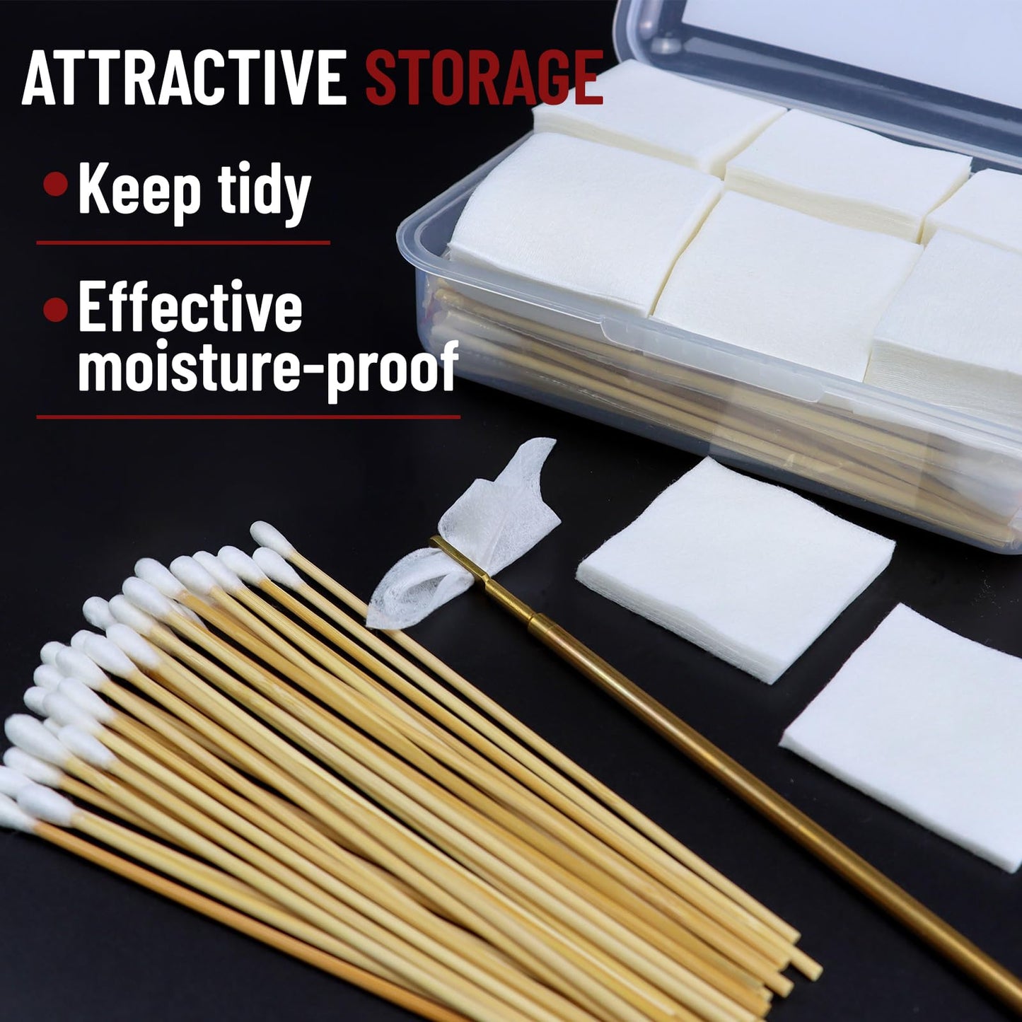Gun Cleaning Supplies in Storage Box - Gun Cleaning Patches 300PCS and Gun Cleaning Swabs 200PCS, 6" Long Cotton Swabs, 2" x 2" Lint Free Gun Cleaning Cloth Fit Most Caliber Firearms .30/.38 cal/ 9 mm